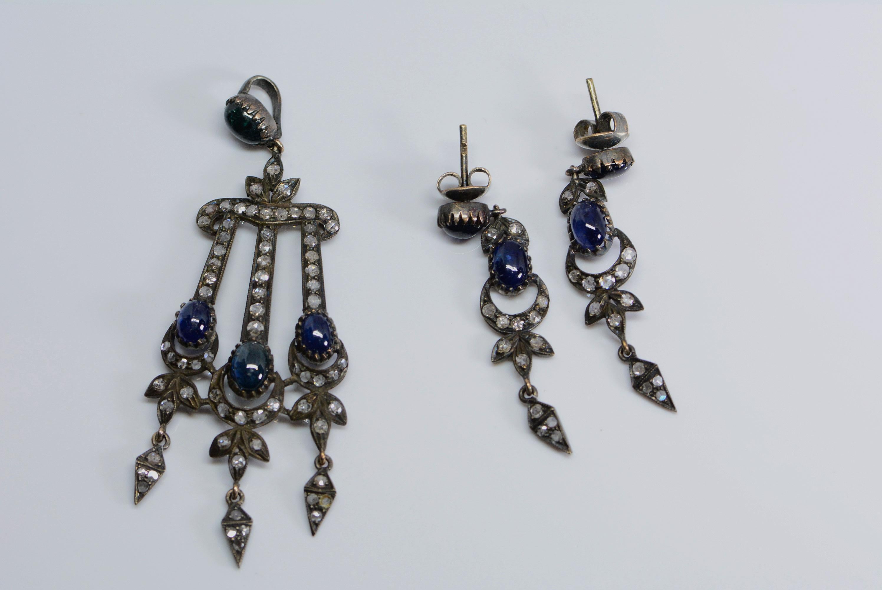 Early Victorian Victorian Sapphire and Rose Cut Diamond Demiparure Silver For Sale