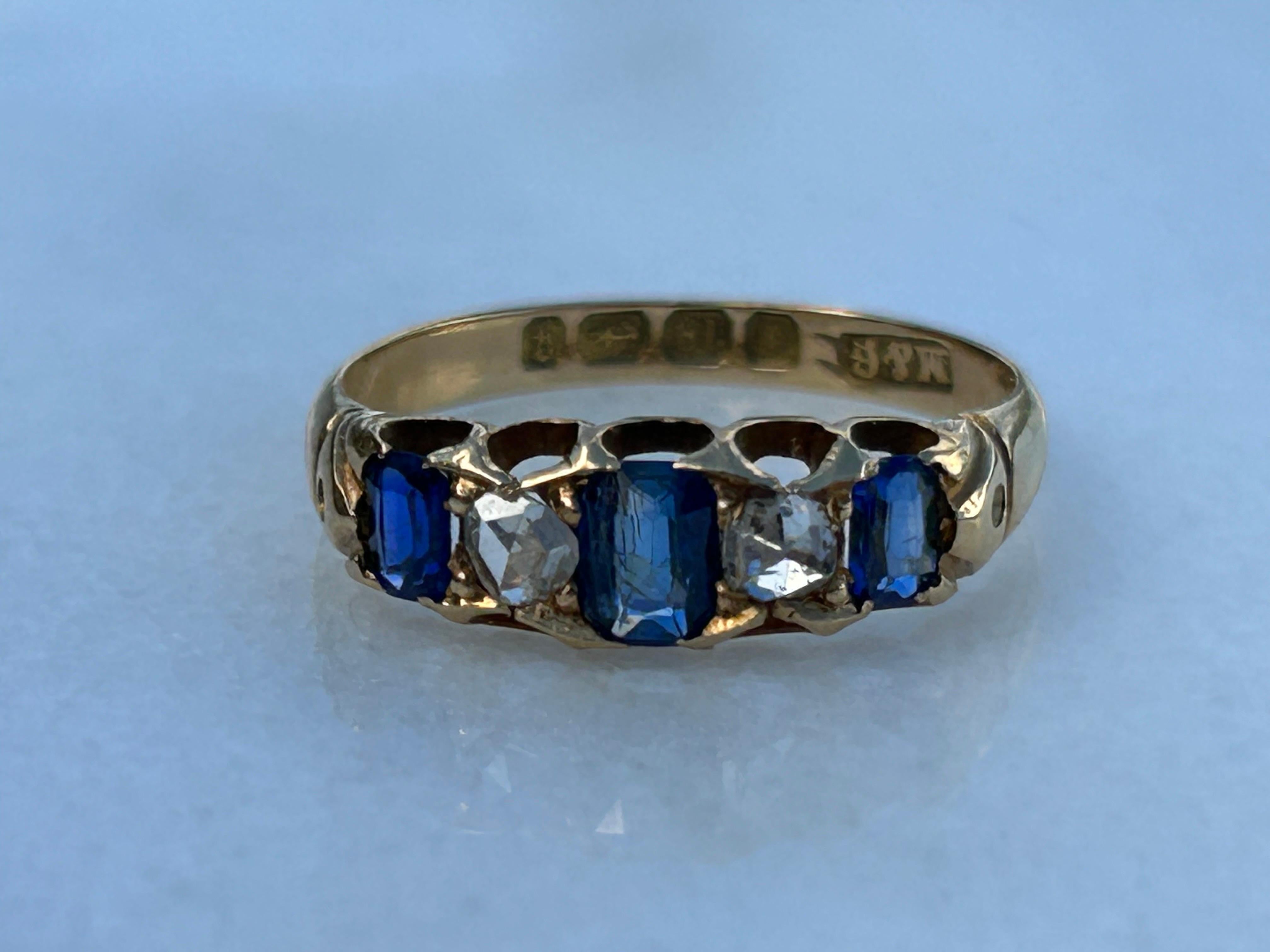 Victorian Sapphire and Rose Cut Diamond Ring 18k Gold Ring For Sale 5