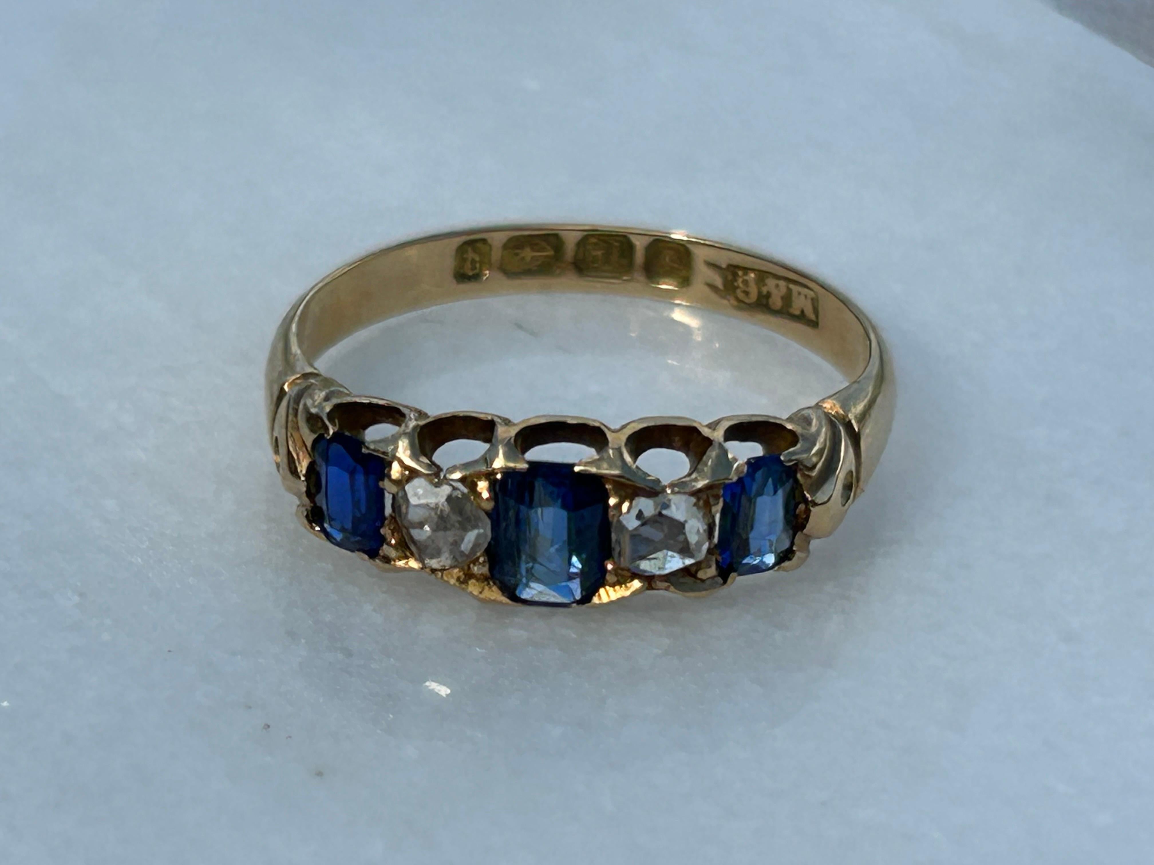 Victorian Sapphire and Rose Cut Diamond Ring 18k Gold Ring For Sale 4