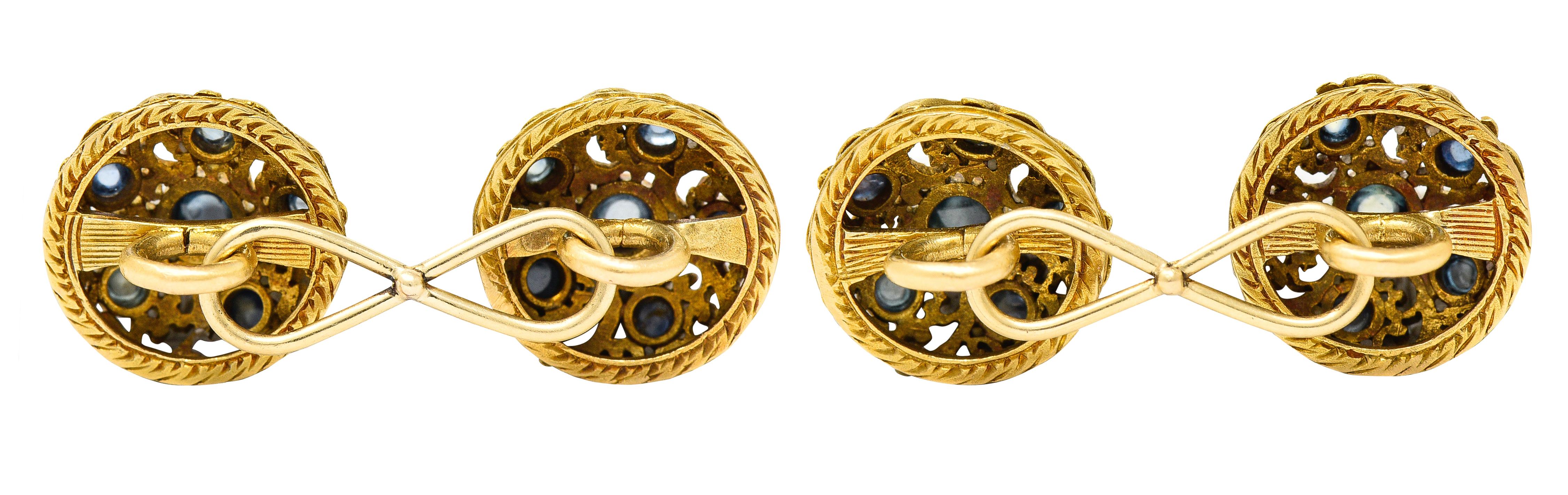 Victorian Sapphire Cabochon 18 Karat Yellow Gold Scrolled Men's Cufflinks In Excellent Condition In Philadelphia, PA