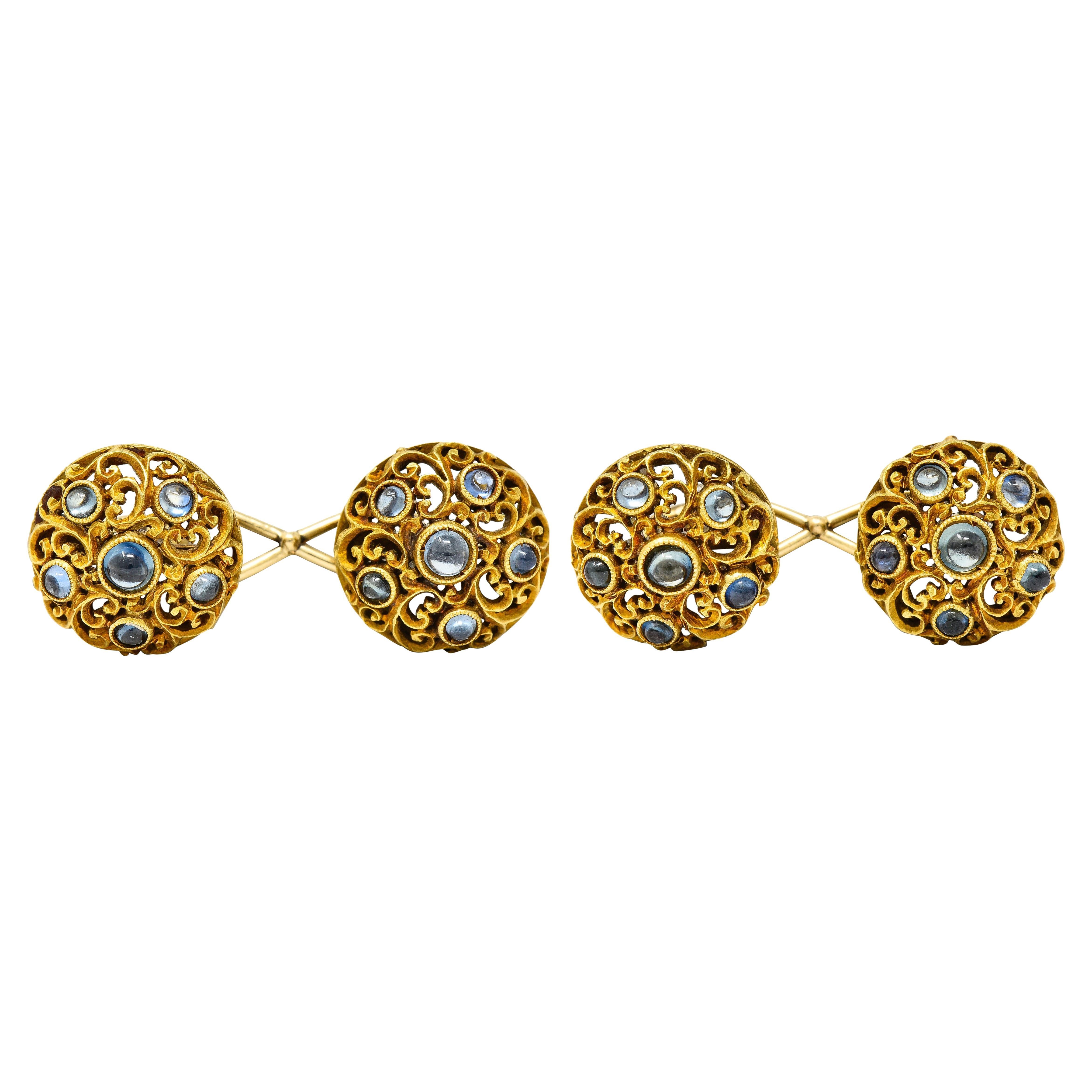 Victorian Sapphire Cabochon 18 Karat Yellow Gold Scrolled Men's Cufflinks