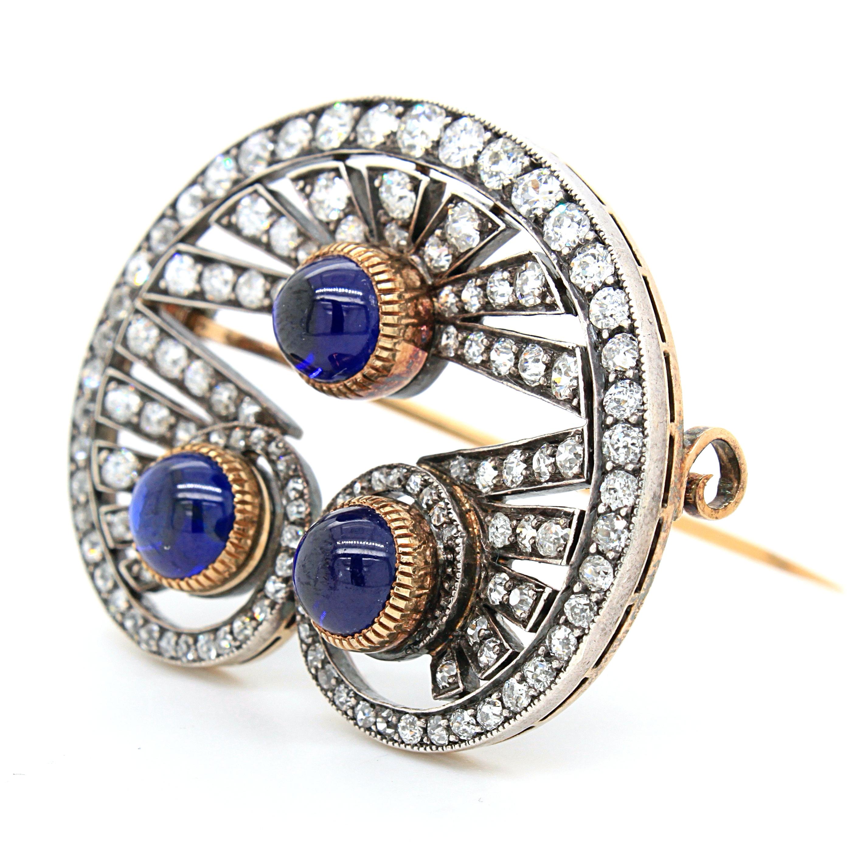 Victorian Sapphire Cabochon and Diamond Brooch, circa 1880s 2