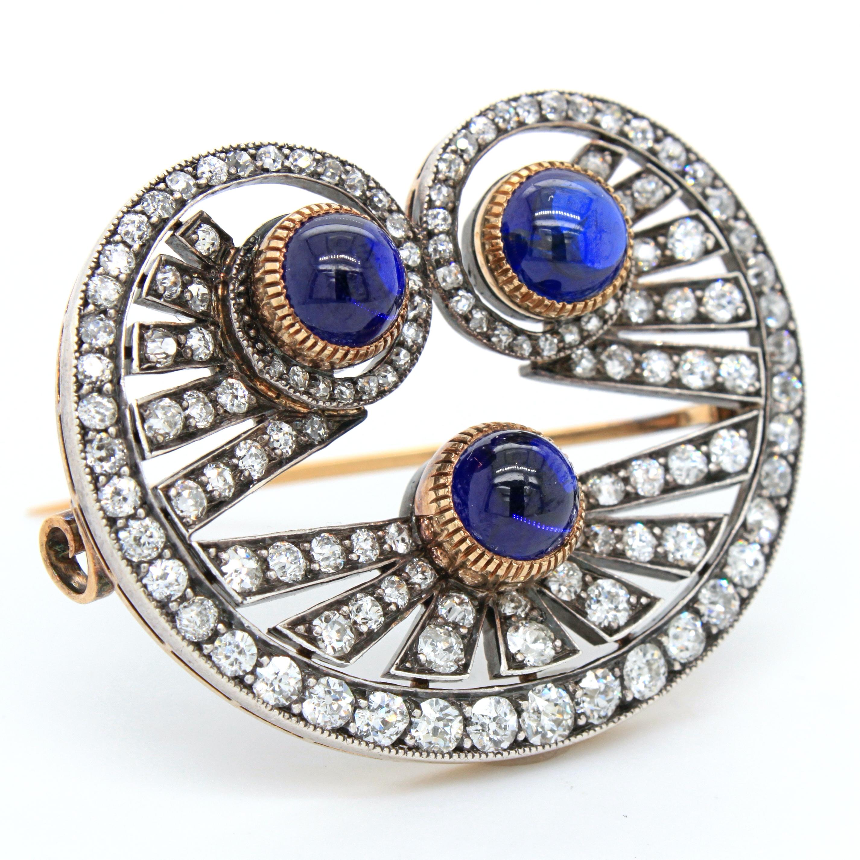 Victorian Sapphire Cabochon and Diamond Brooch, circa 1880s 4