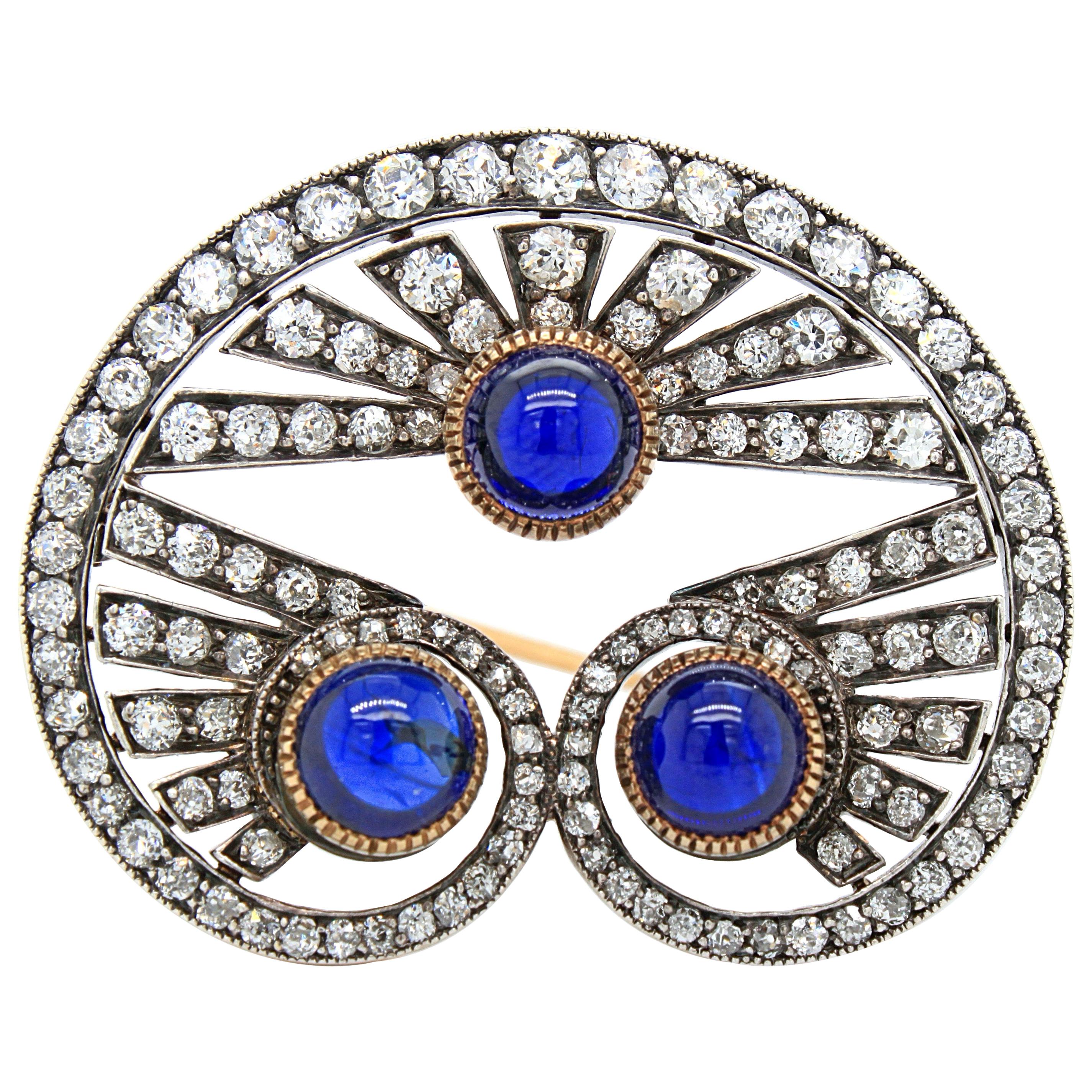 Victorian Sapphire Cabochon and Diamond Brooch, circa 1880s