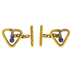 Victorian Sapphire Cabochon Diamond 18 Karat Yellow Gold Men's Cufflinks