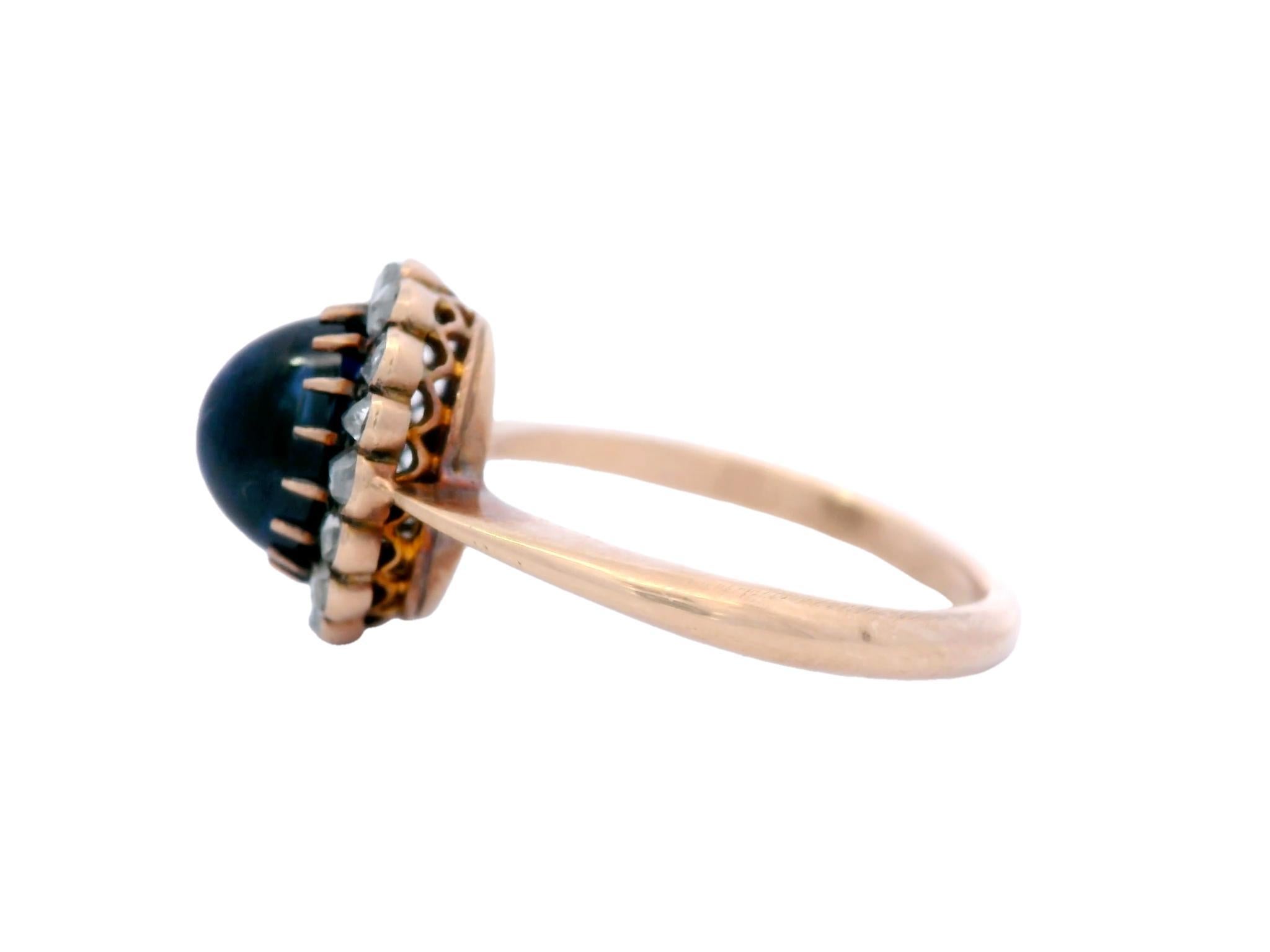 Victorian Sapphire Cluster Ring Rose Cut Diamond Halo 12K Gold and ~3.2ctw Sz 6

This Victorian 12k Rose Gold Sapphire and Diamond Cluster Ring is a beautiful piece of history that feels just as special today as it did over a century ago. At the