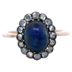 Anillo victoriano de racimo de zafiros Halo de diamantes talla rosa Oro de 12K y ~3.2ctw Sz 6