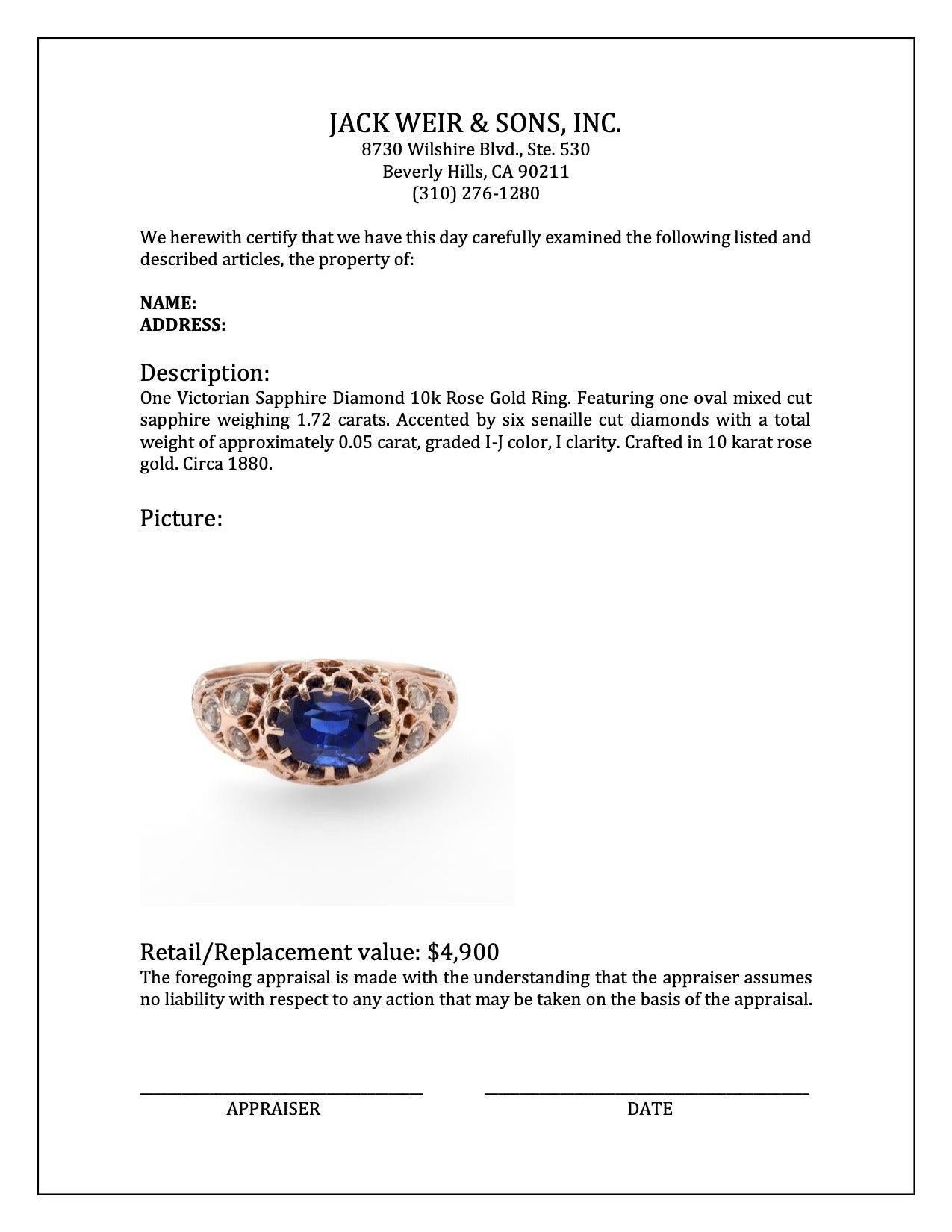 Mixed Cut Victorian Sapphire Diamond 10k Rose Gold Ring For Sale
