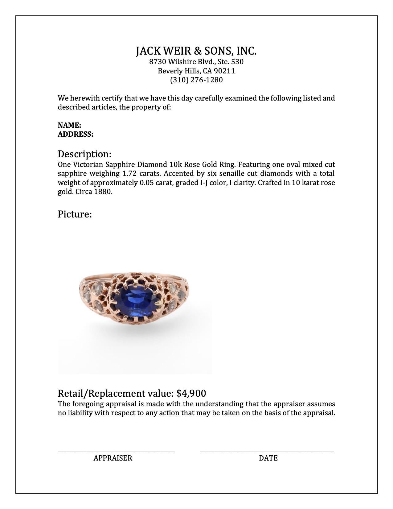 Women's or Men's Victorian Sapphire Diamond 10k Rose Gold Ring For Sale
