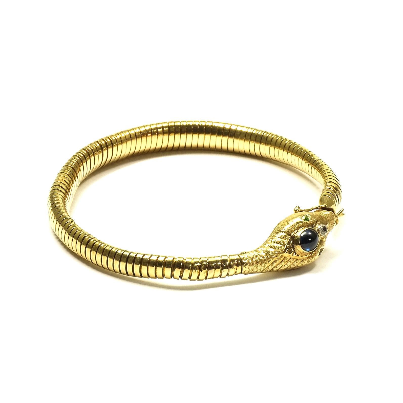 Late Victorian Antique Sapphire Diamond 14K Gold Snake Tubogas Bracelet, circa 1925/30