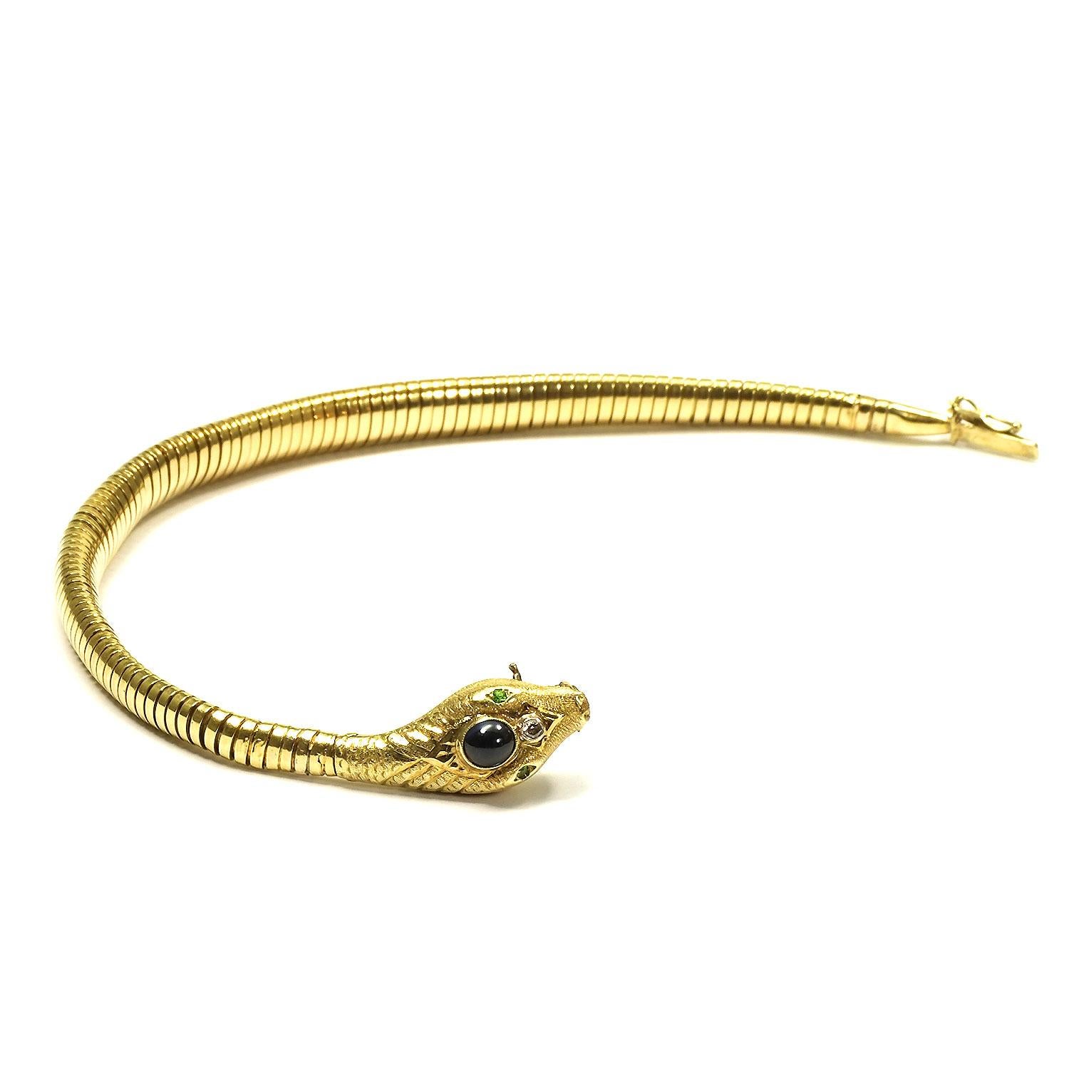 Women's Antique Sapphire Diamond 14K Gold Snake Tubogas Bracelet, circa 1925/30