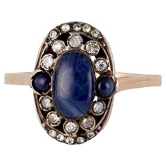 Victorian Sapphire Diamond 14k Rose Gold Silver Ring