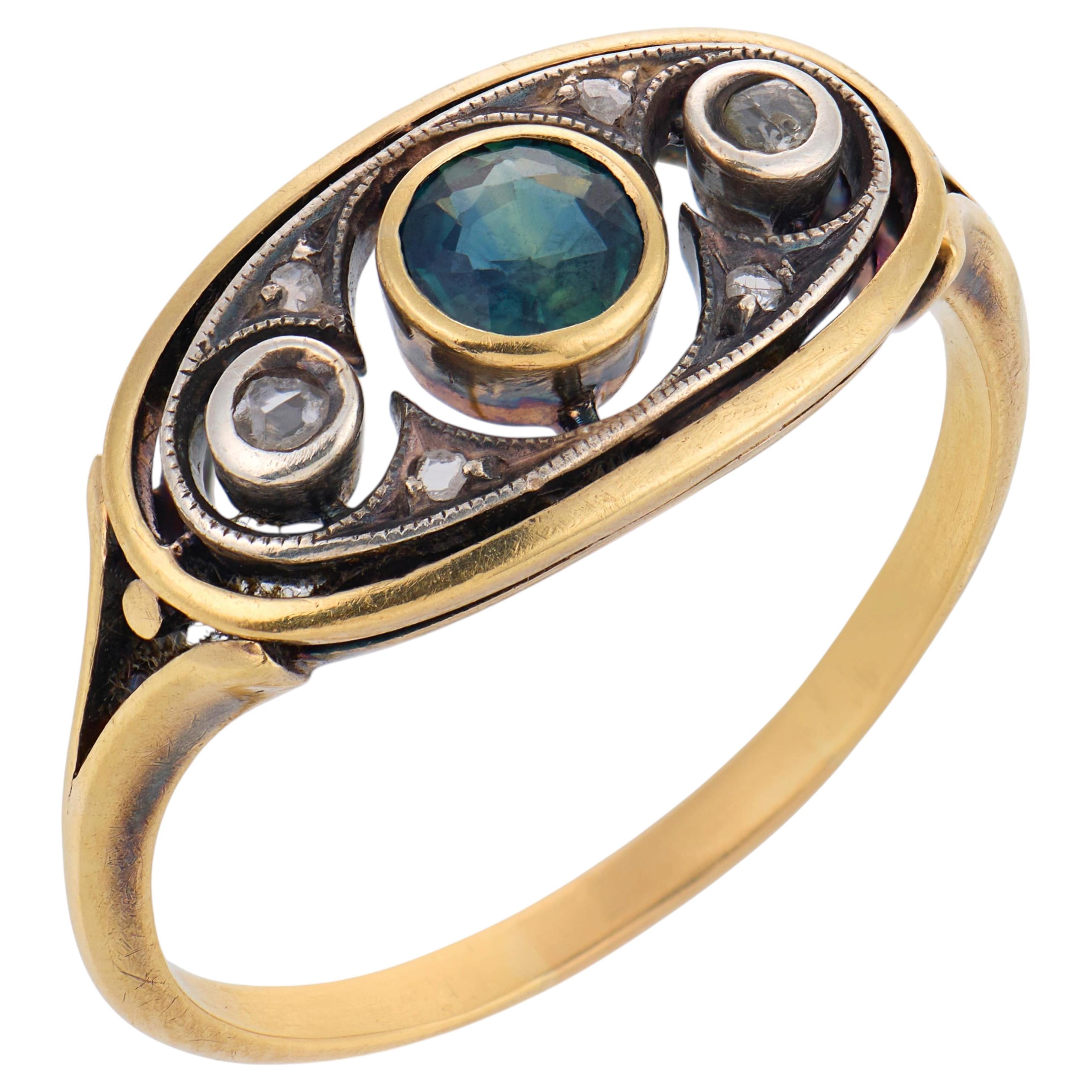 Victorian sapphire diamond 14k yellow gold and silver three stone ring For Sale