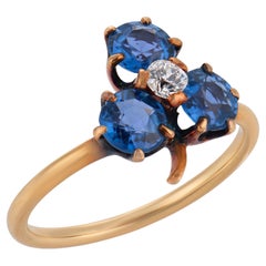 Victorian sapphire diamond 14k yellow gold trefoil ring