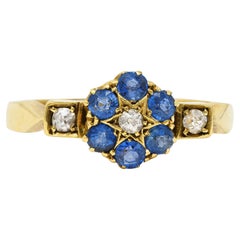 Victorian Sapphire Diamond 18 Karat Yellow Gold Cluster Antique Ring