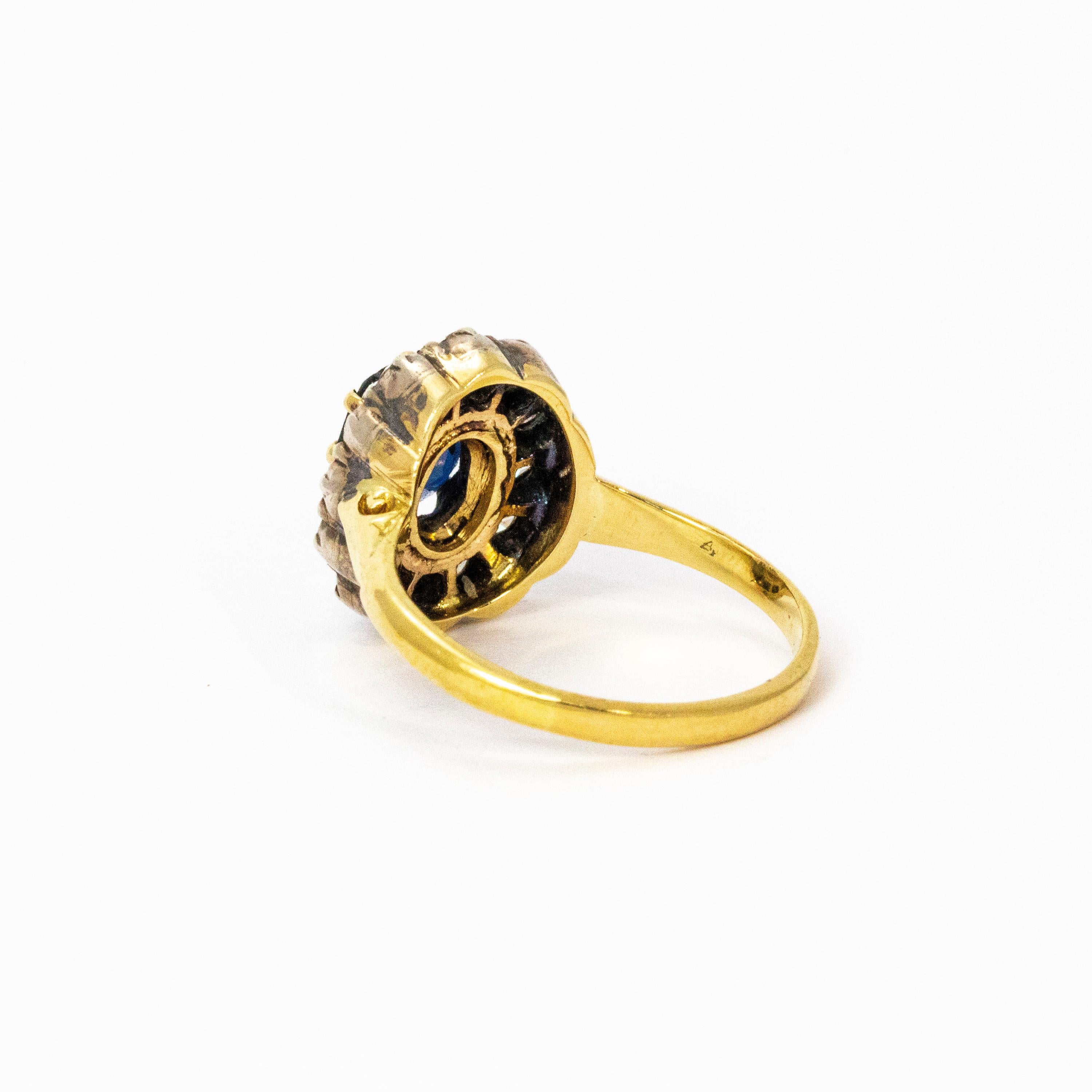 Old European Cut Victorian Sapphire Diamond 18 Karat Yellow Gold Cluster Ring
