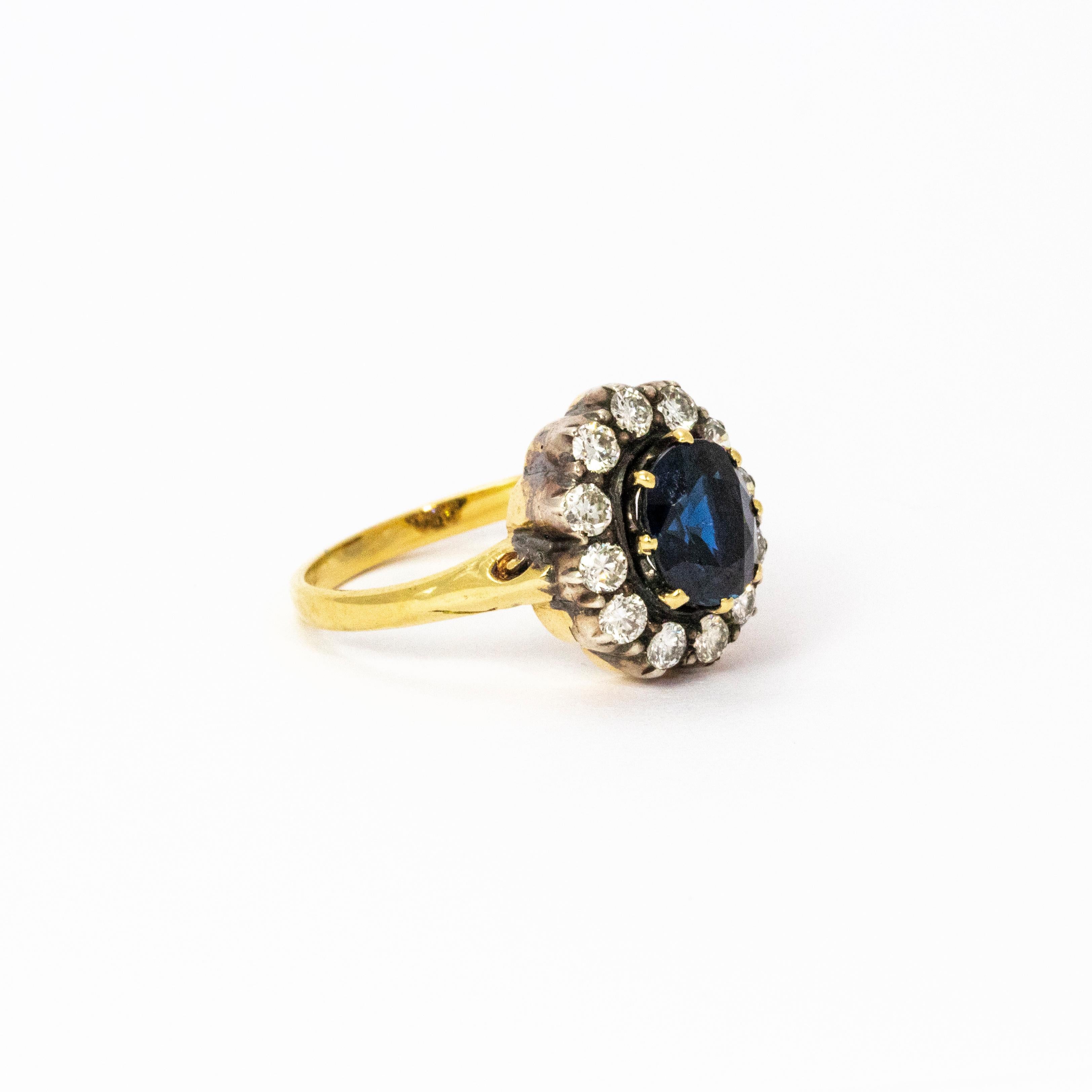Women's or Men's Victorian Sapphire Diamond 18 Karat Yellow Gold Cluster Ring