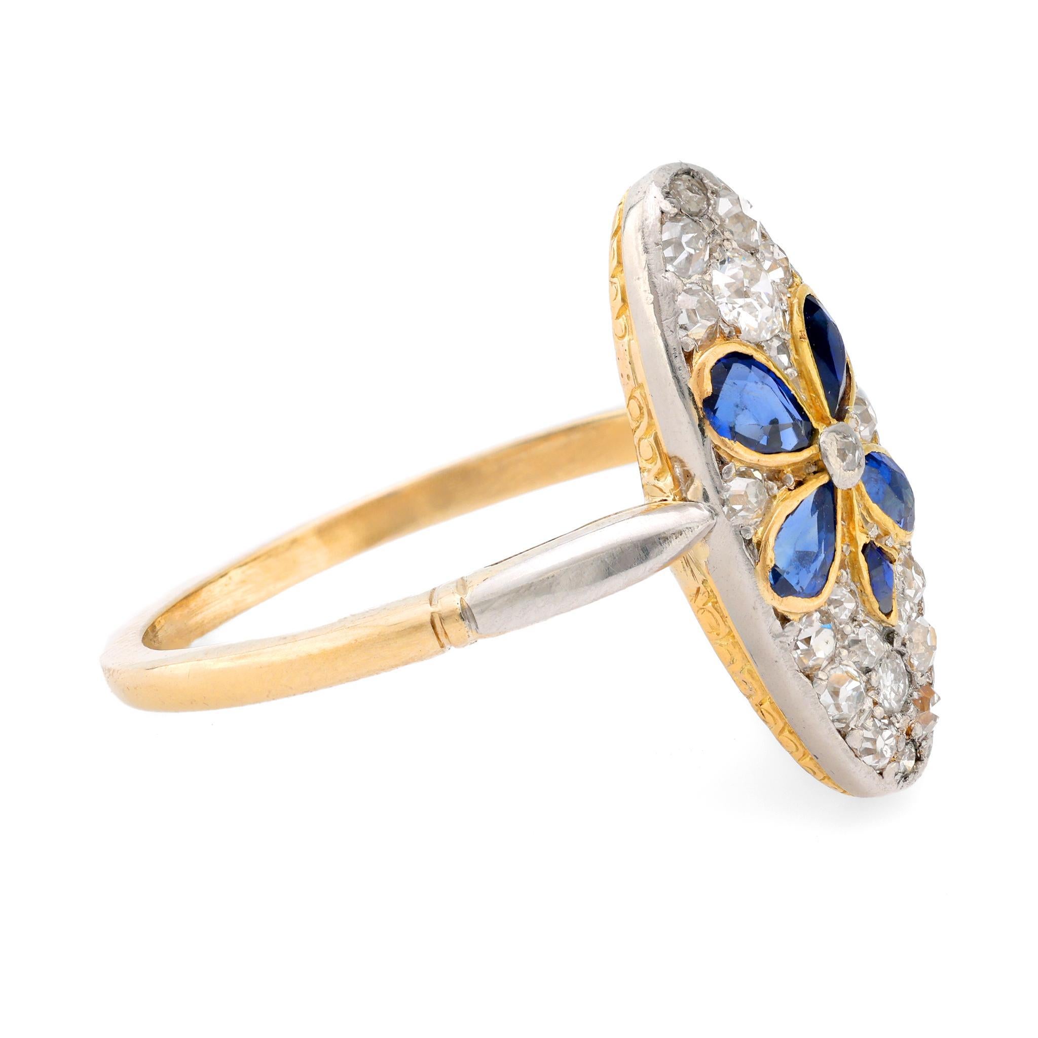 Pear Cut Victorian sapphire diamond 18k gold and platinum navette ring For Sale