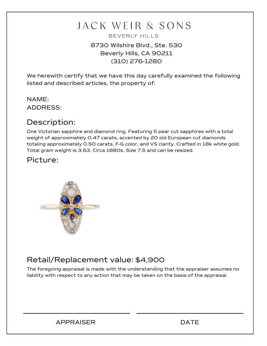 Women's or Men's Victorian sapphire diamond 18k gold and platinum navette ring For Sale