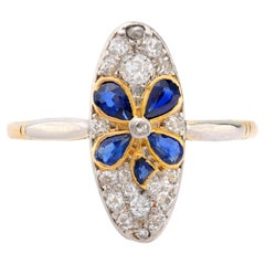 Victorian sapphire diamond 18k gold and platinum navette ring
