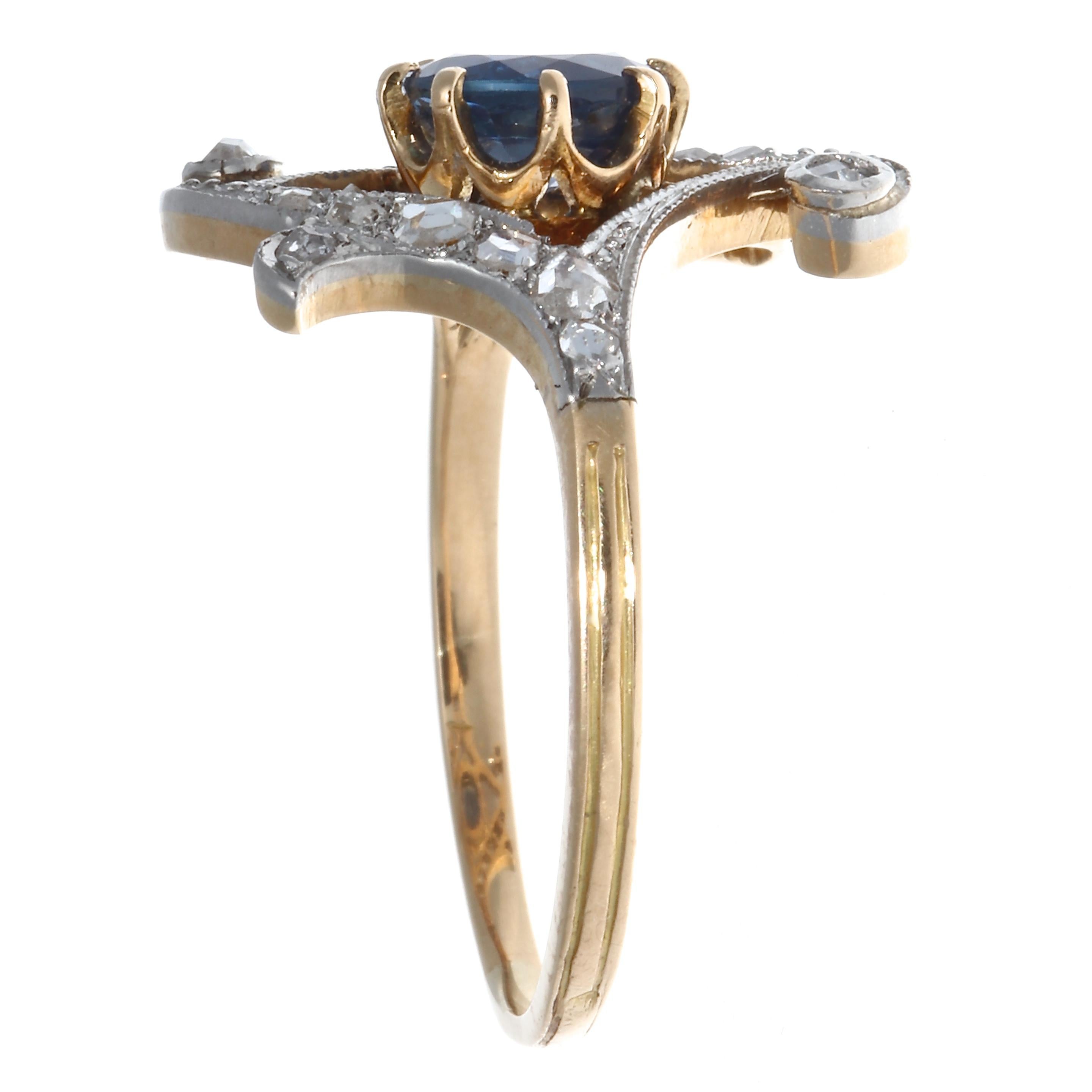 Round Cut Victorian Sapphire Diamond 18 Karat Gold Ring