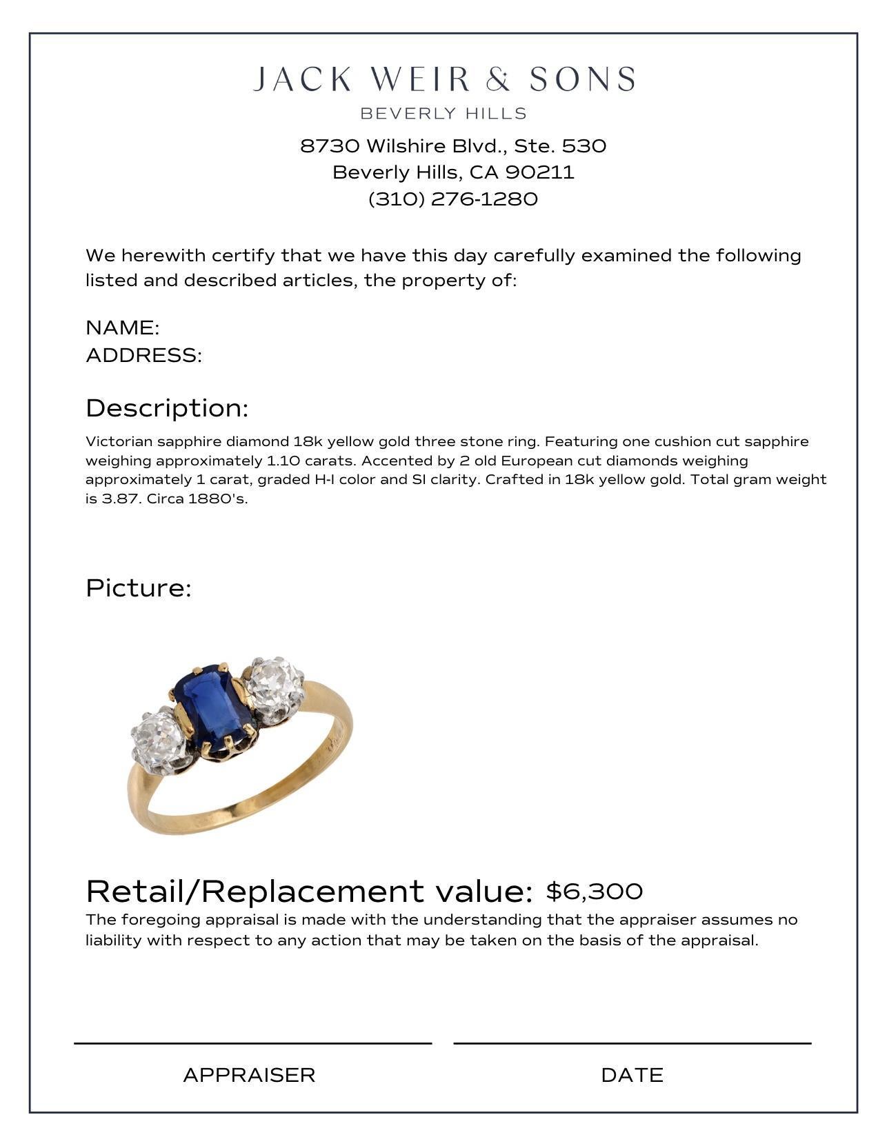 Women's Victorian sapphire diamond 18k yellow gold 3 stone ring For Sale