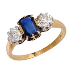 Antique Victorian sapphire diamond 18k yellow gold 3 stone ring