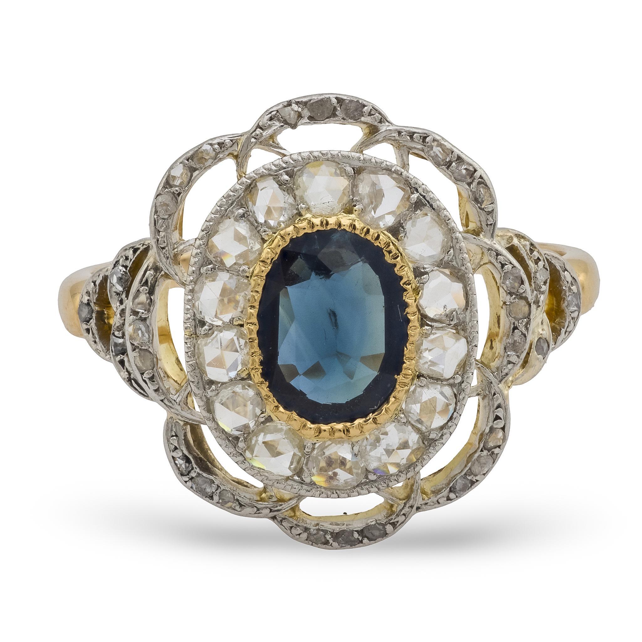 Victorien Bague de cocktail victorienne saphir diamant or jaune 18k et platine en vente