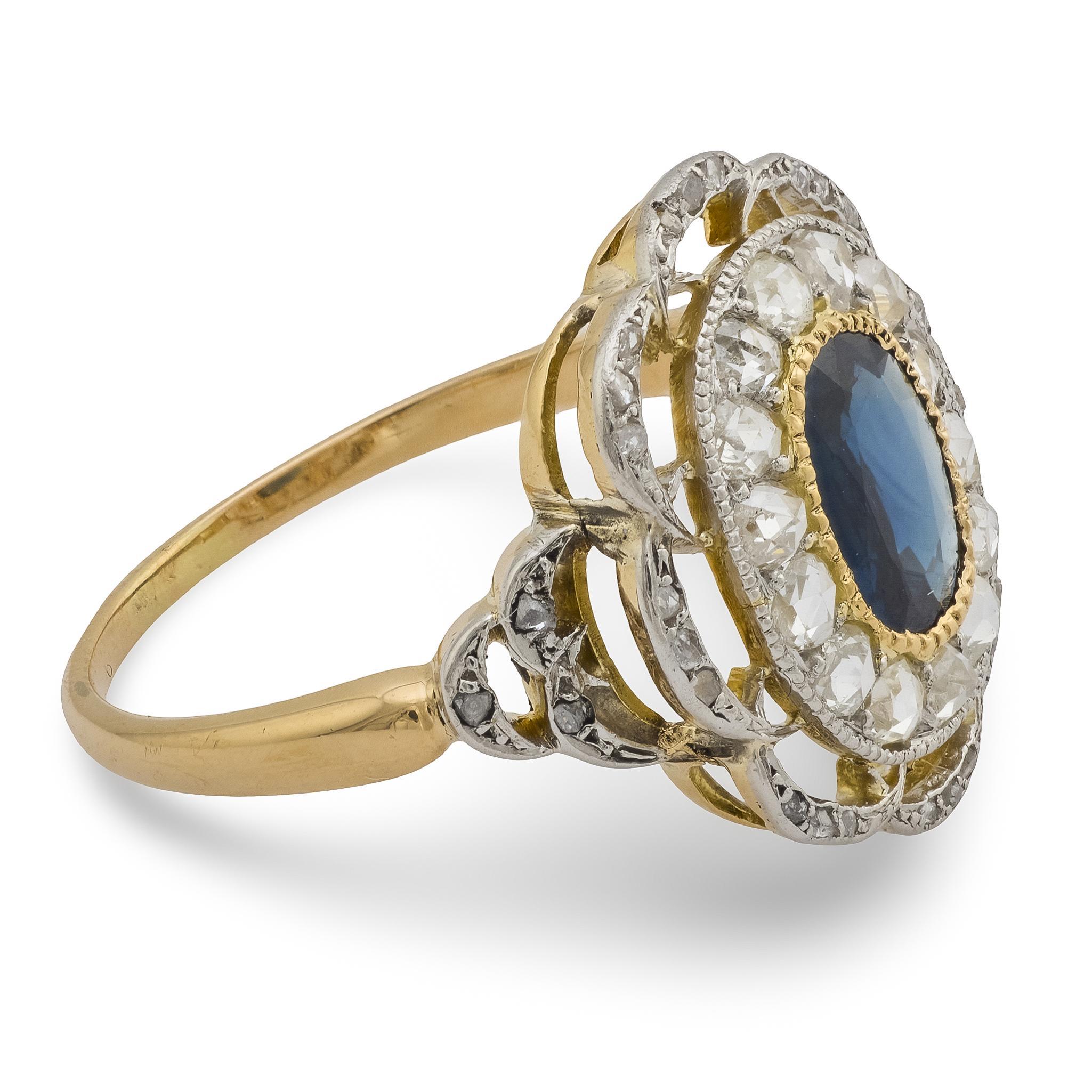Bague de cocktail victorienne saphir diamant or jaune 18k et platine Bon état - En vente à Beverly Hills, CA
