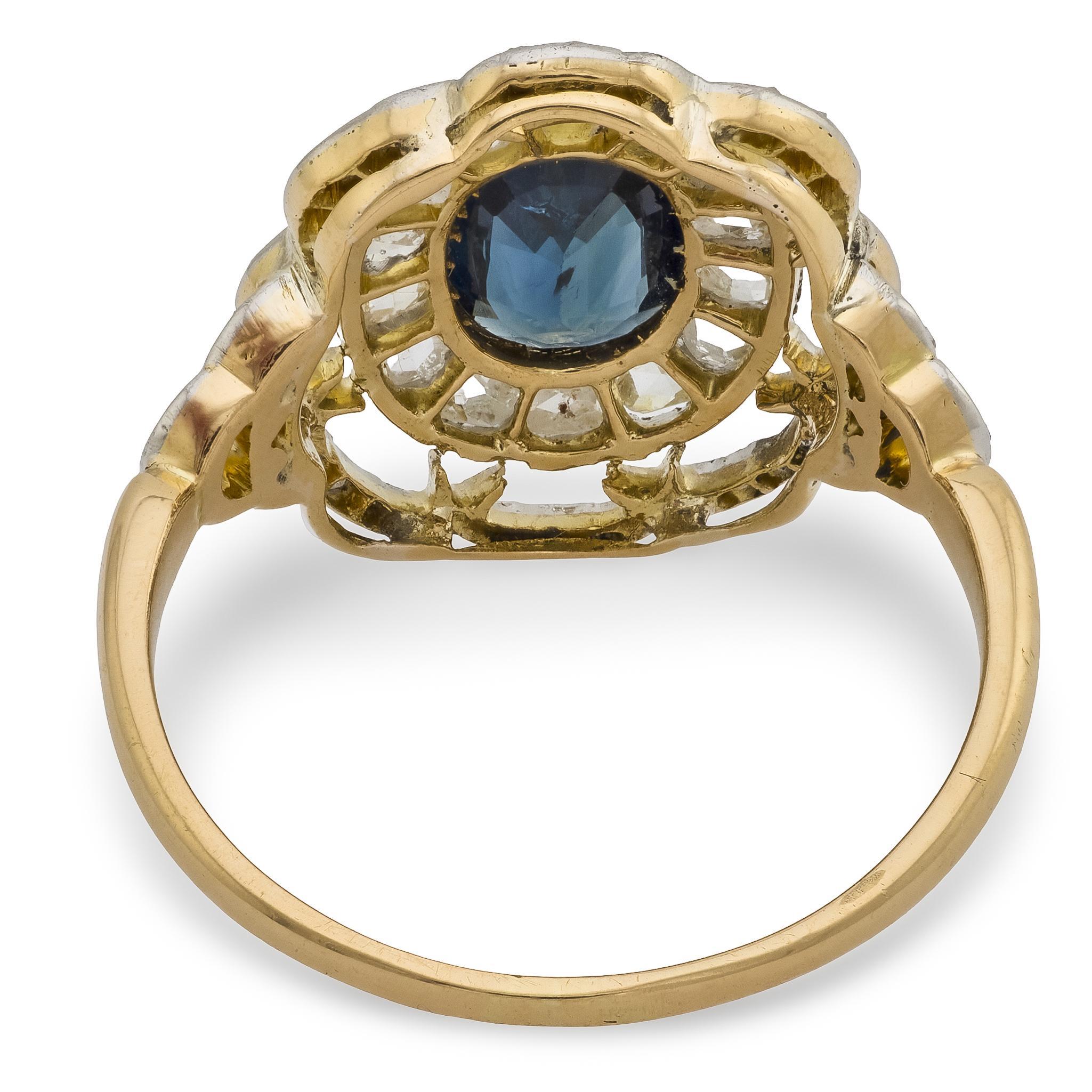 Bague de cocktail victorienne saphir diamant or jaune 18k et platine en vente 1