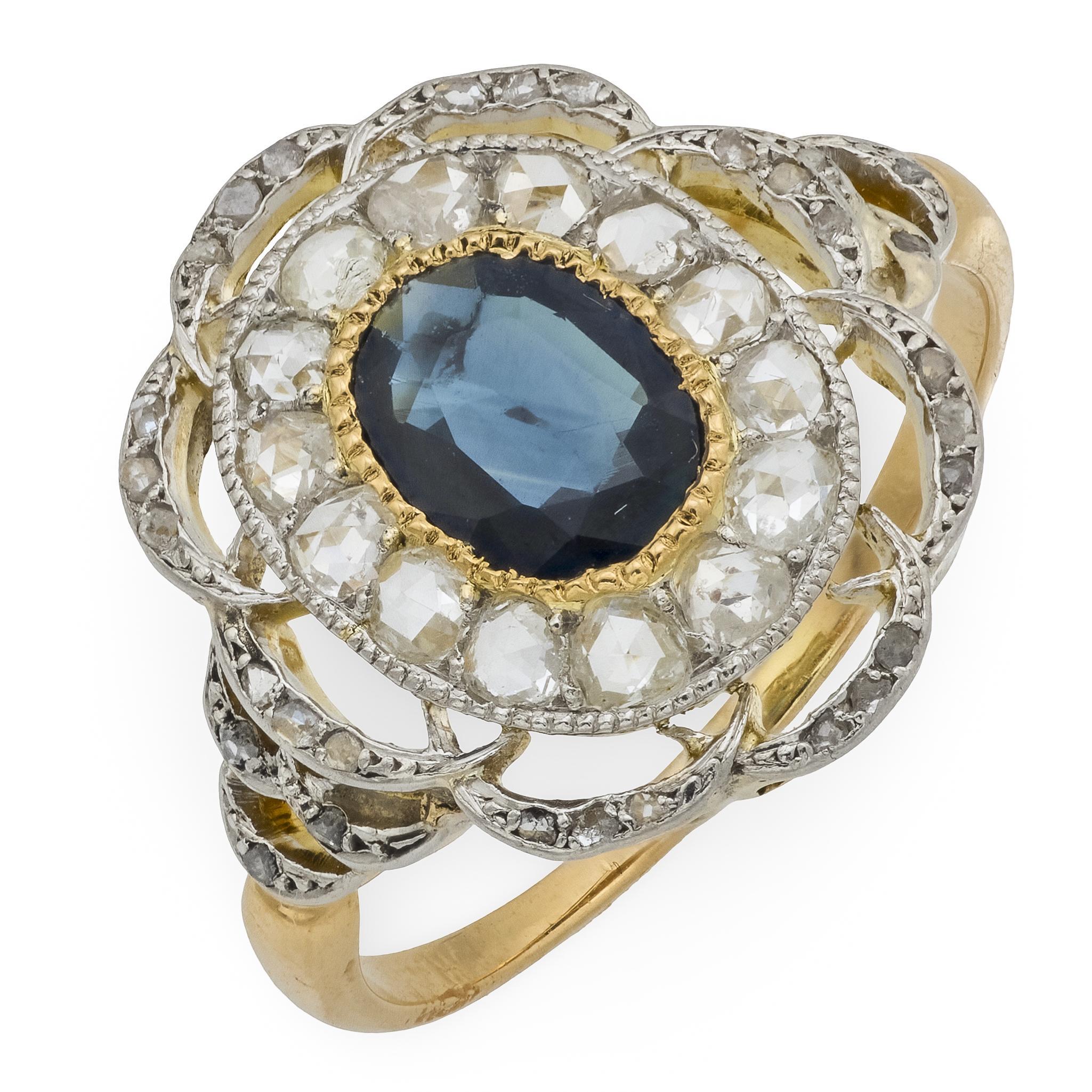 Anillo de cóctel victoriano zafiro diamante oro amarillo 18k y platino