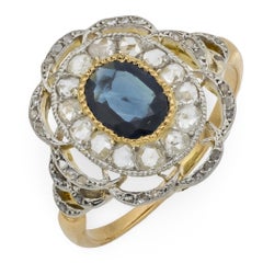 Antique Victorian sapphire diamond 18k yellow gold and platinum cocktail ring