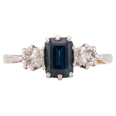 Victorian Sapphire Diamond 18K Yellow Gold and Silver Three Stone Ring