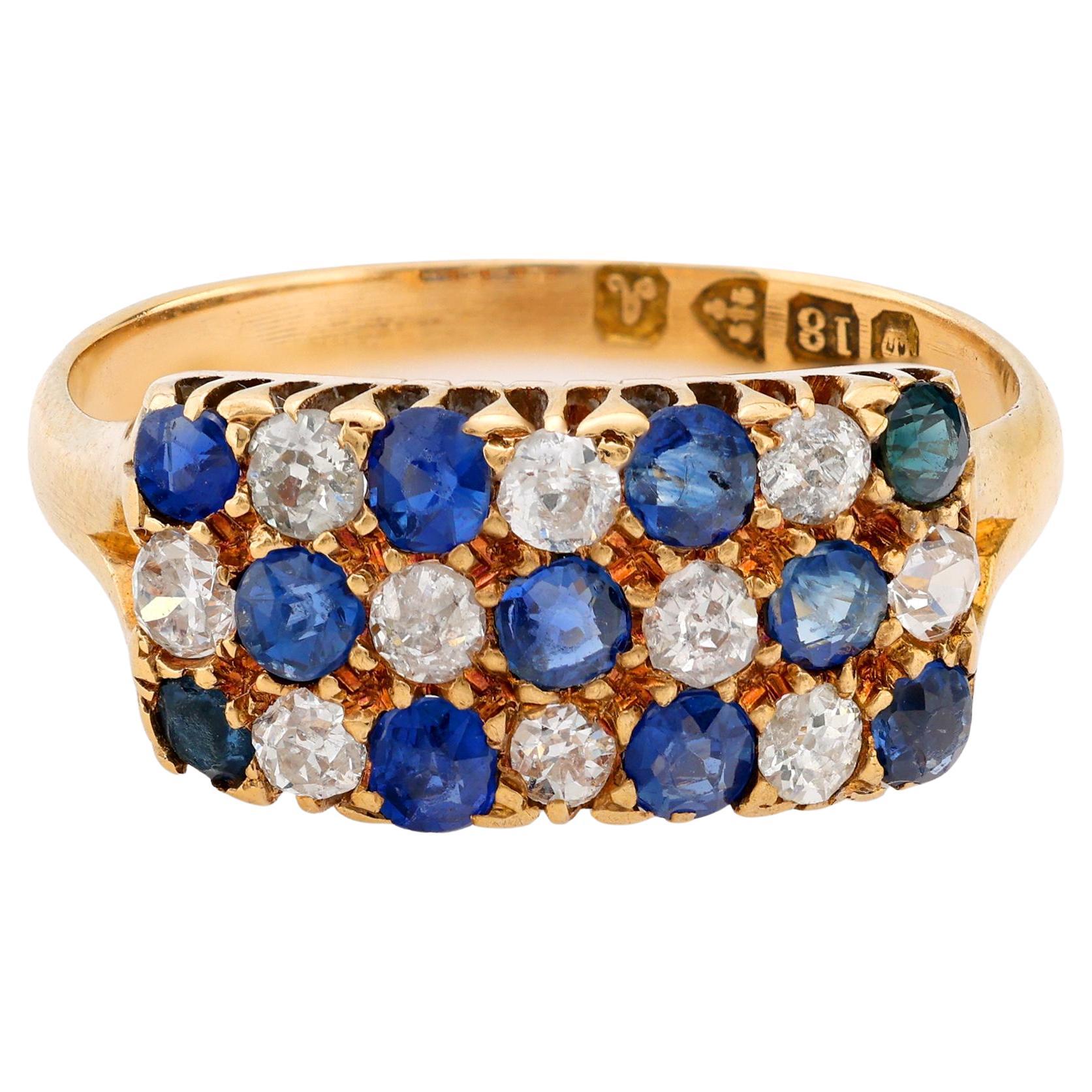 Anillo damero victoriano zafiro diamante oro amarillo 18k en venta