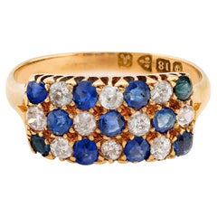 Victorian sapphire diamond 18k yellow gold checkerboard ring
