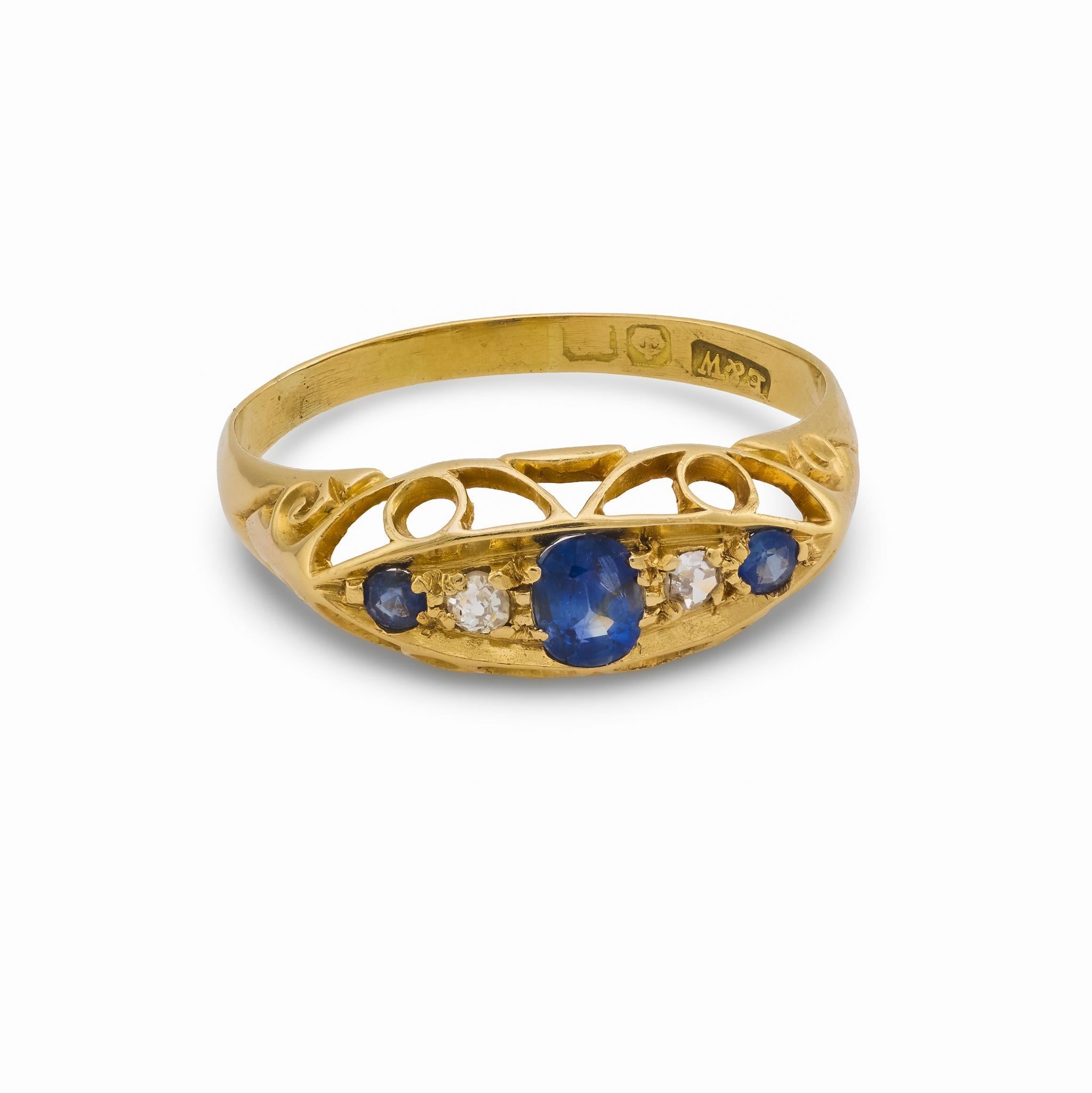 Victorien Victorian sapphire diamond 18k yellow gold ring en vente