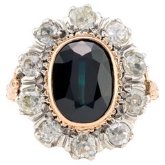 Victorian Sapphire Diamond 18K Yellow Gold Silver Cluster Ring