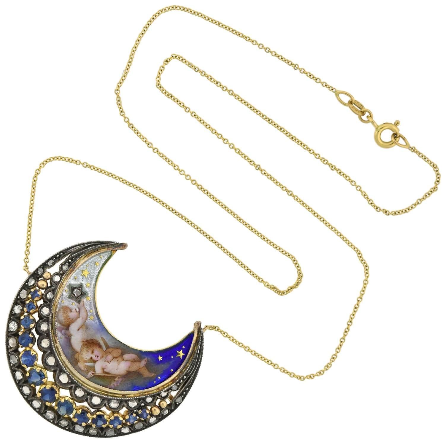 An absolutely breathtaking enameled gemstone crescent pendant necklace from the Early Victorian (ca1850s) era! Originally an antique pin, this 18kt yellow gold and sterling silver crescent has been expertly converted into a gorgeous pendant that now