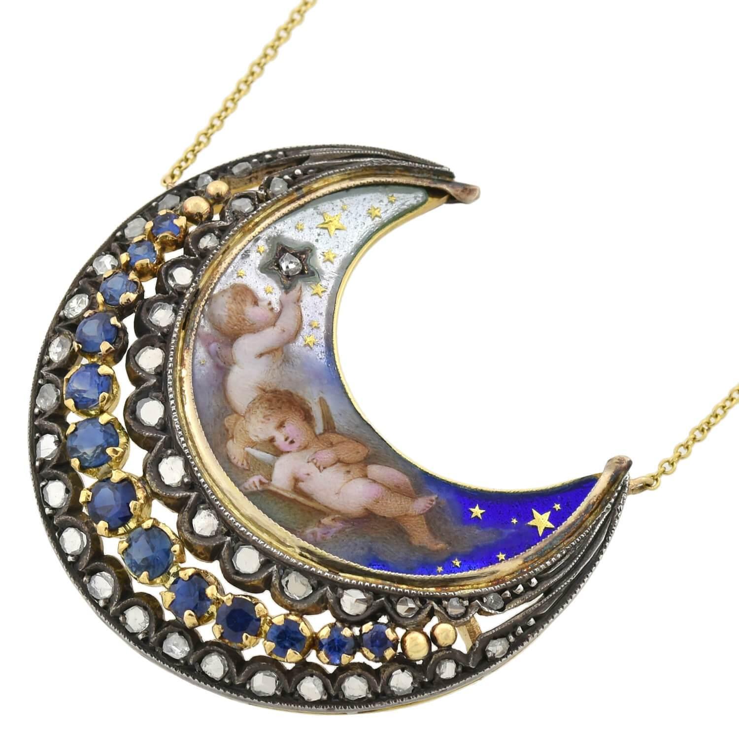 Rose Cut Victorian Sapphire, Diamond, and Enameled Cherub Crescent Pendant Necklace