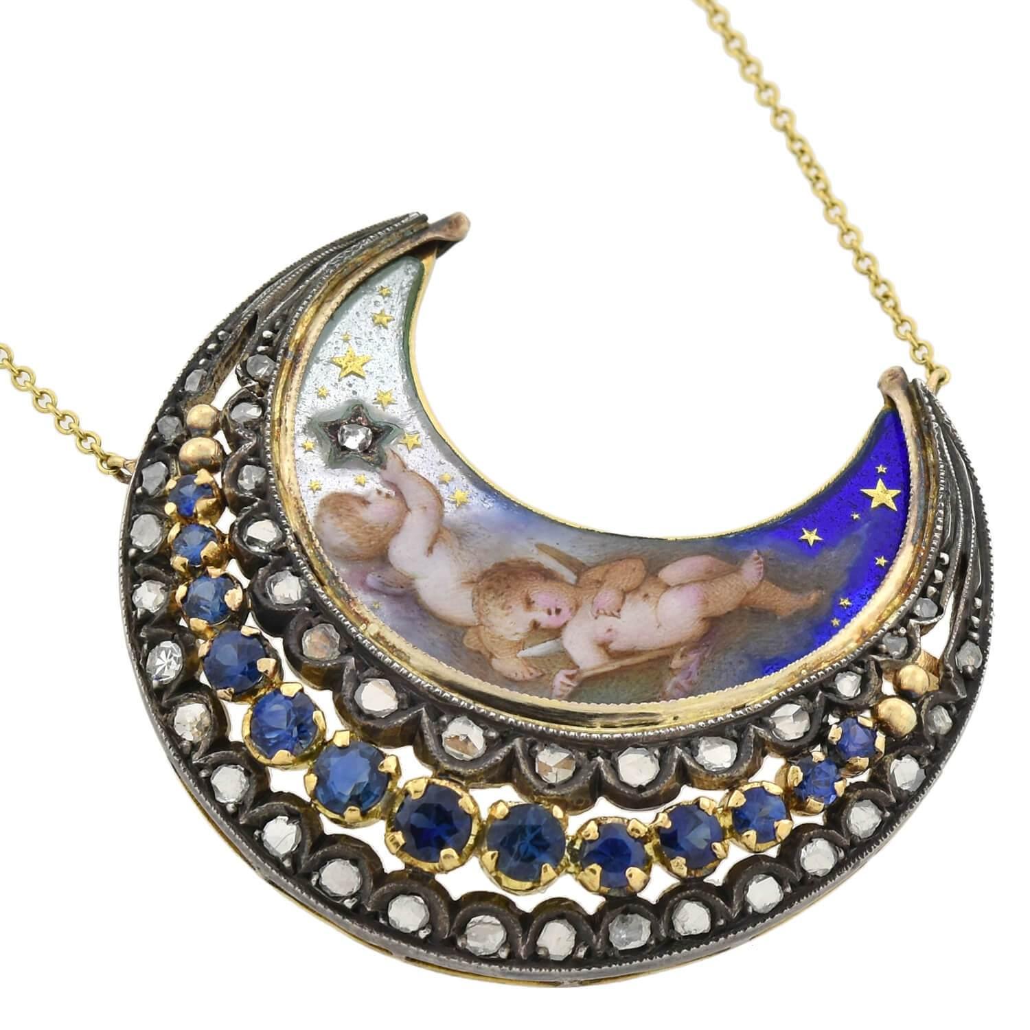 Victorian Sapphire, Diamond, and Enameled Cherub Crescent Pendant Necklace In Good Condition In Narberth, PA