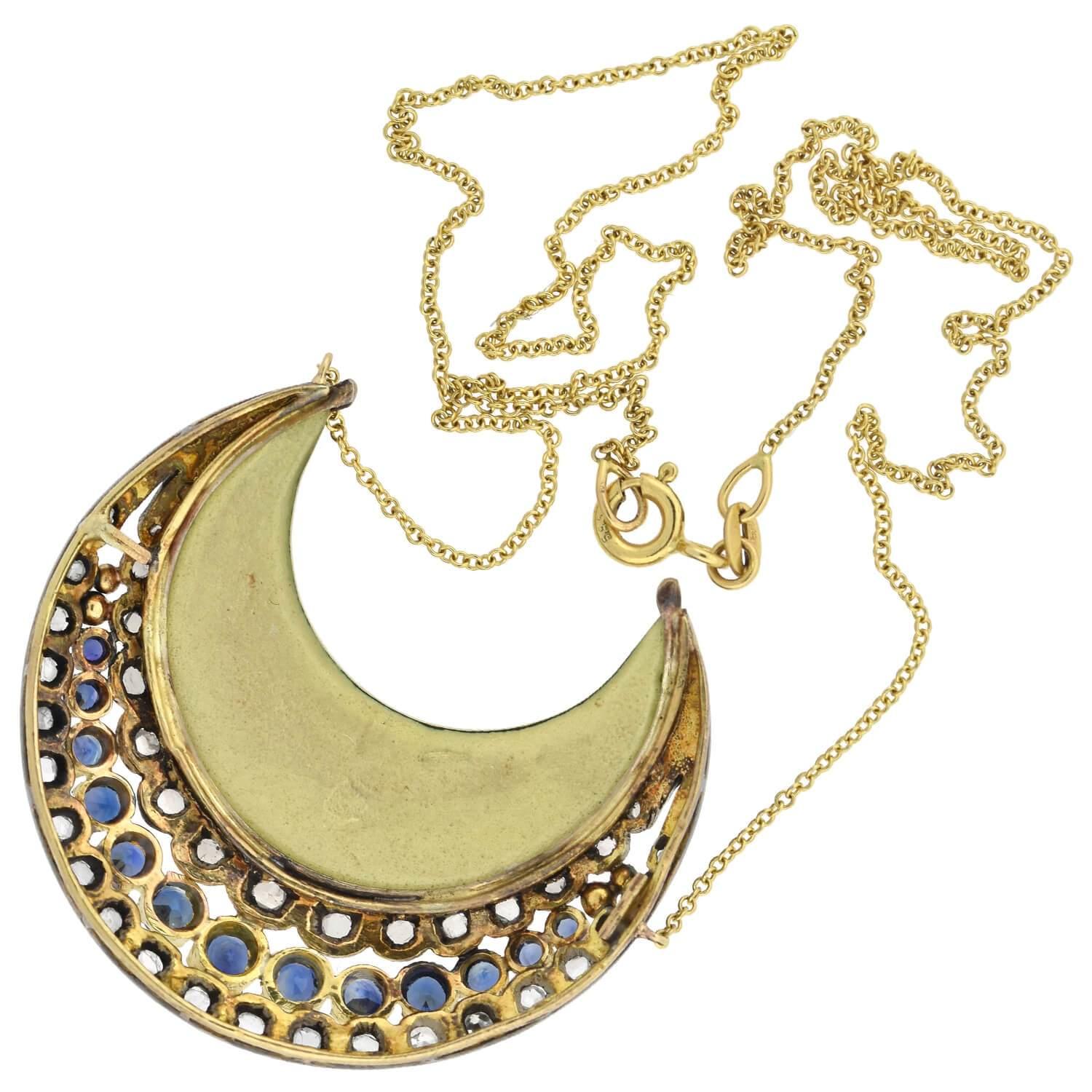 Women's Victorian Sapphire, Diamond, and Enameled Cherub Crescent Pendant Necklace