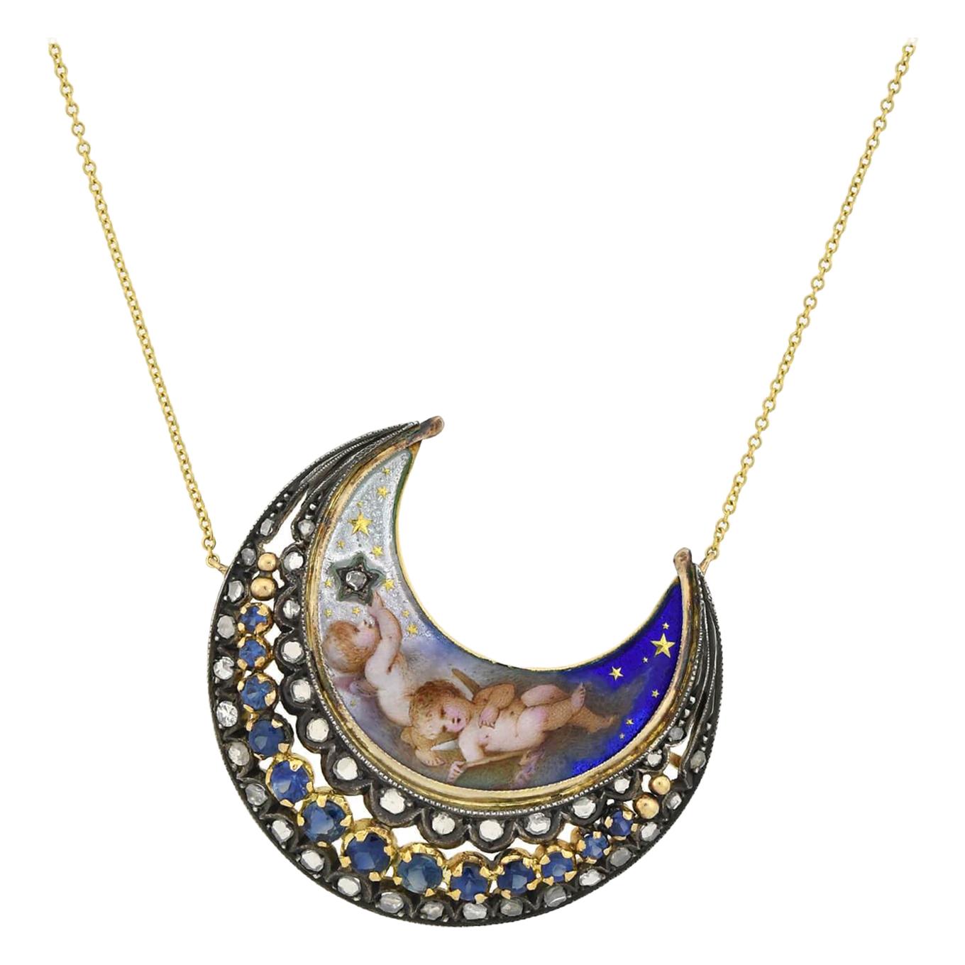 Victorian Sapphire, Diamond, and Enameled Cherub Crescent Pendant Necklace