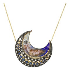 Victorian Sapphire, Diamond, and Enameled Cherub Crescent Pendant Necklace