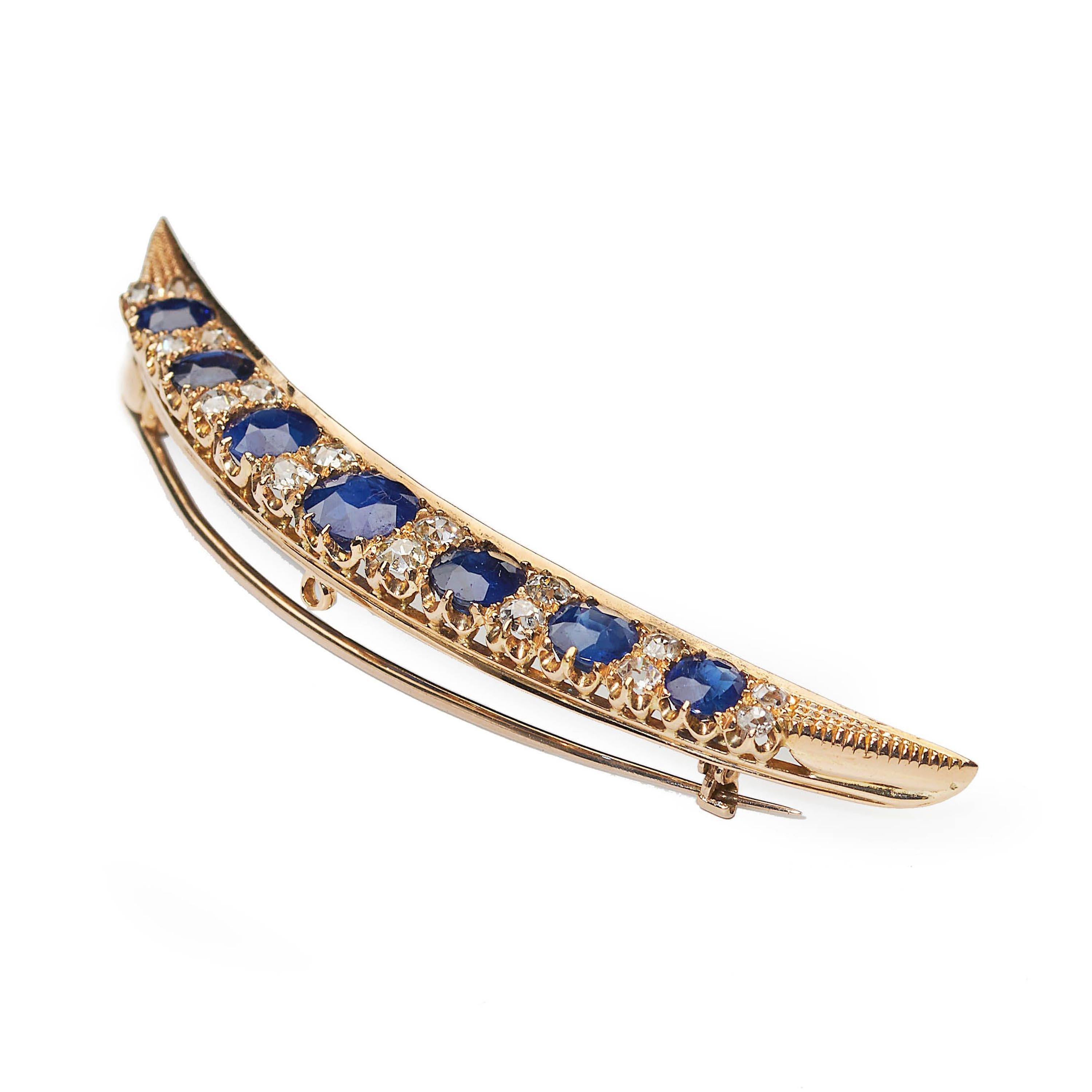 Late Victorian Victorian Sapphire, Diamond and Gold Crescent Brooch, Circa 1880 For Sale