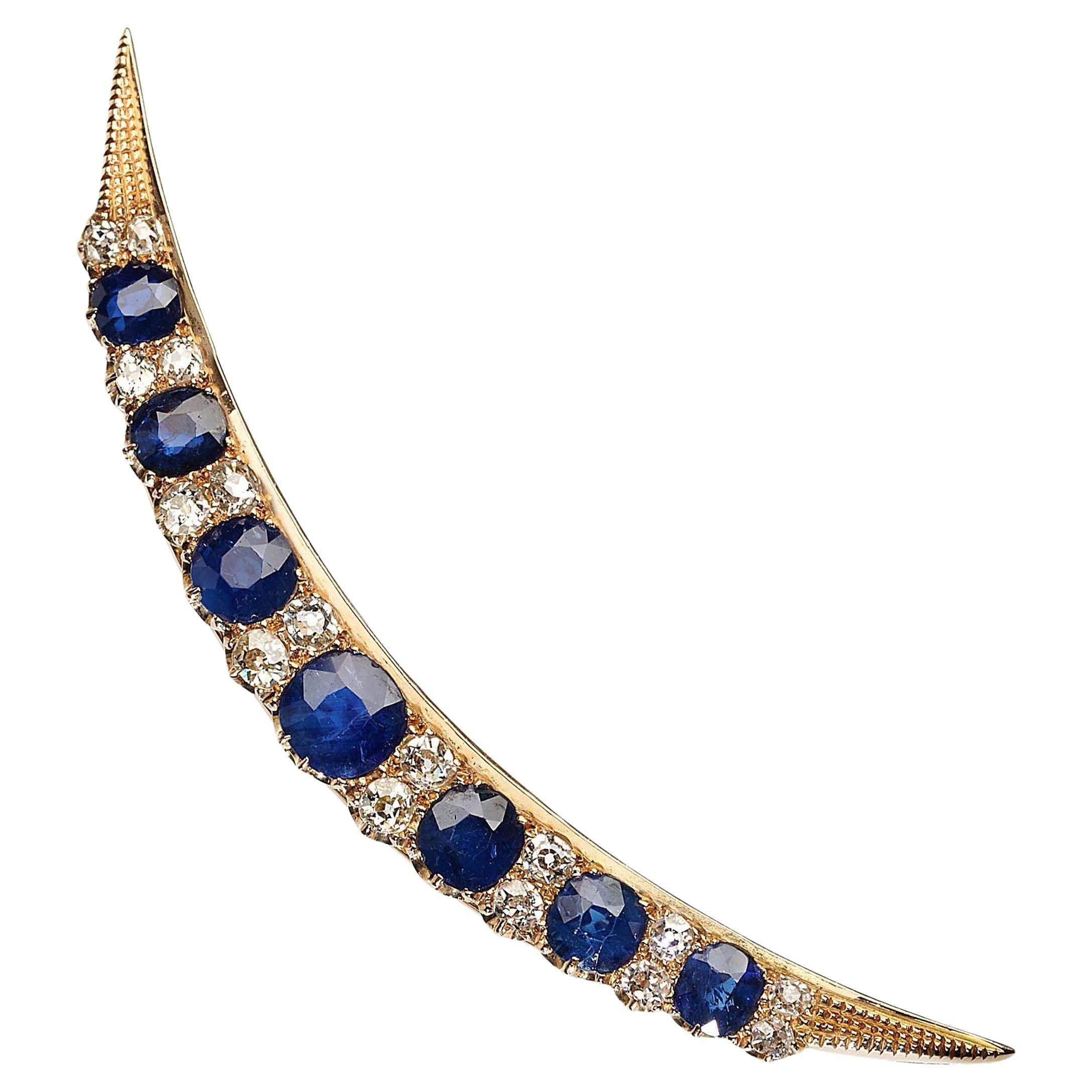 Victorian Sapphire, Diamond and Gold Crescent Brooch, Circa 1880 For Sale