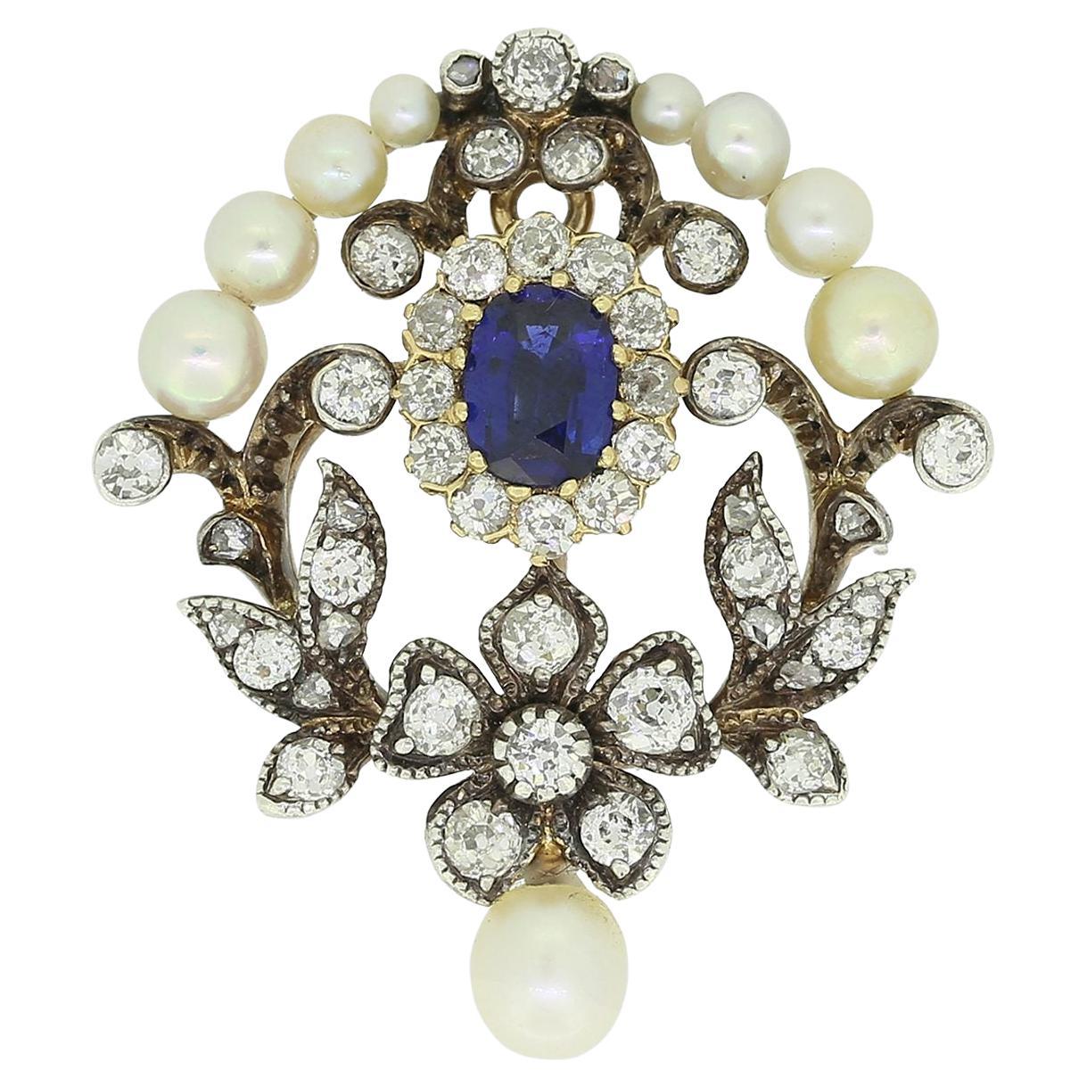 Victorian Sapphire Diamond and Pearl Pendant For Sale