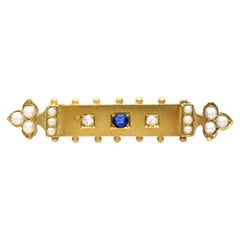 Victorian Sapphire Diamond and Pearl Yellow Gold Bar Brooch