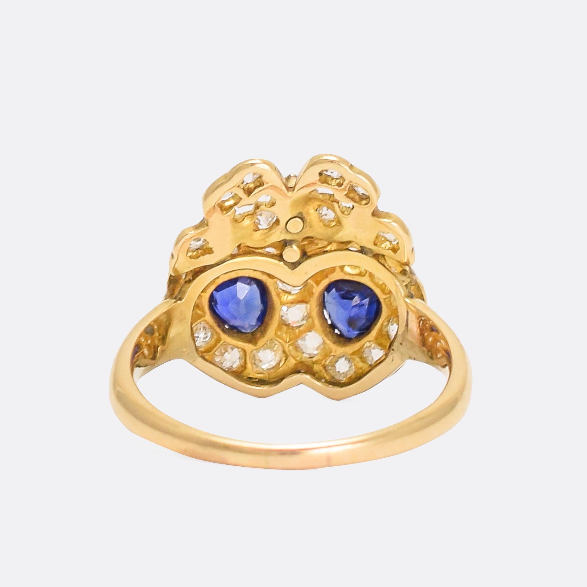 High Victorian Victorian Sapphire Diamond Bowed Double Heart Ring