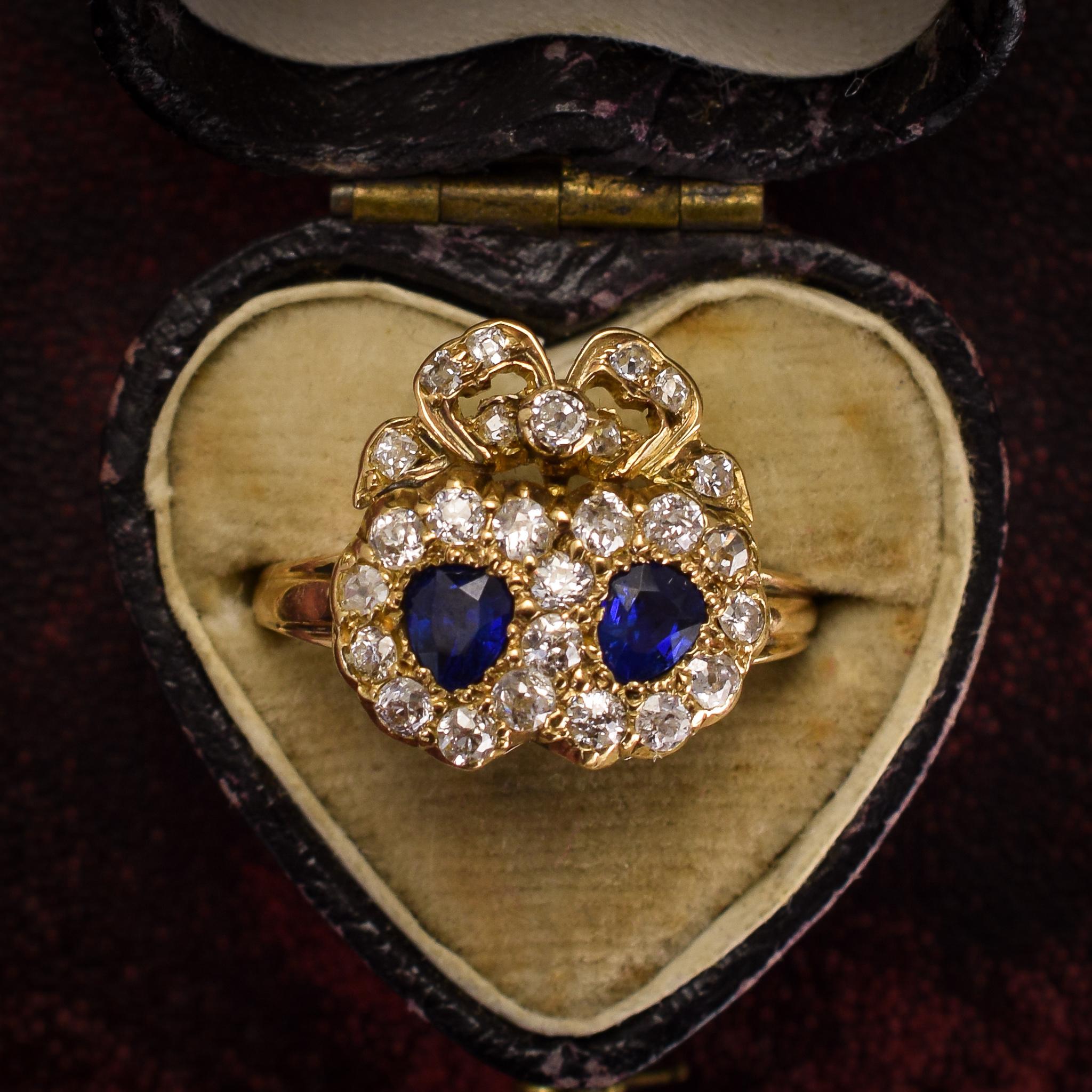 Victorian Sapphire Diamond Bowed Double Heart Ring 1