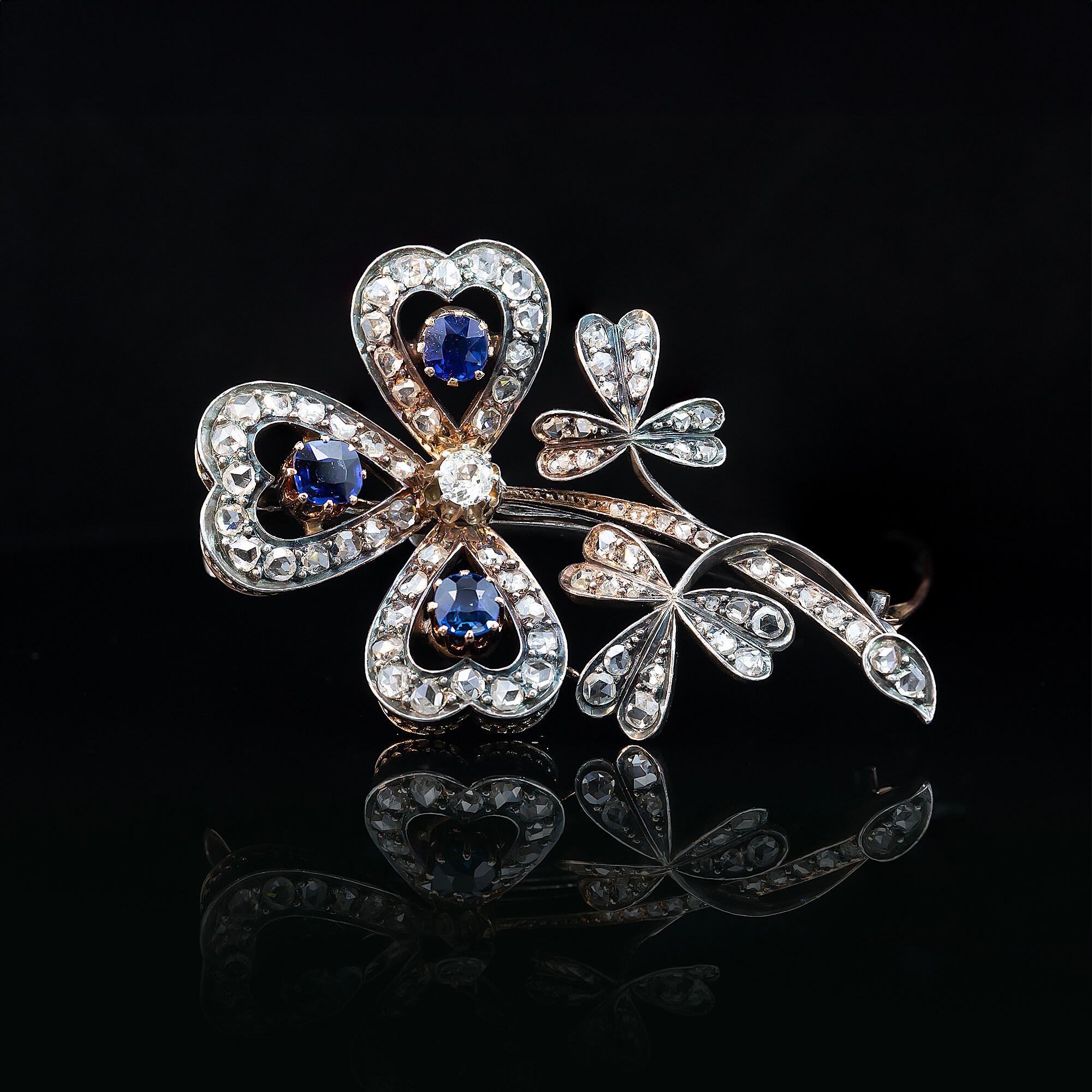 Mixed Cut Victorian Sapphire & Diamond Clover Brooch Circa 1890 For Sale